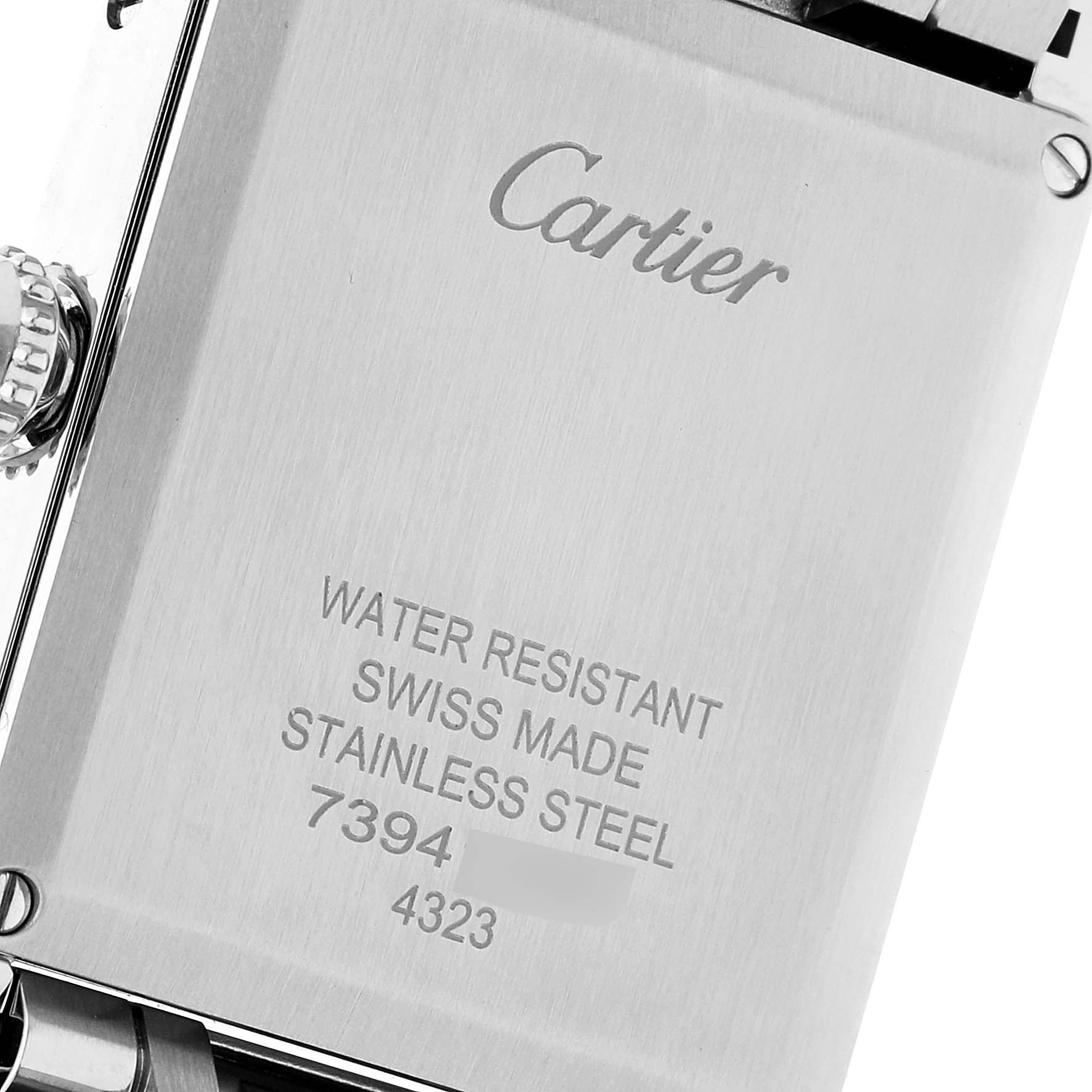 This image shows the back case of a Cartier Tank Must WSTA0052 Women's Stainless Steel Silver Dial WSTA0052 Women's Stainless Steel Silver Dial watch, detailing its water resistance and materials.