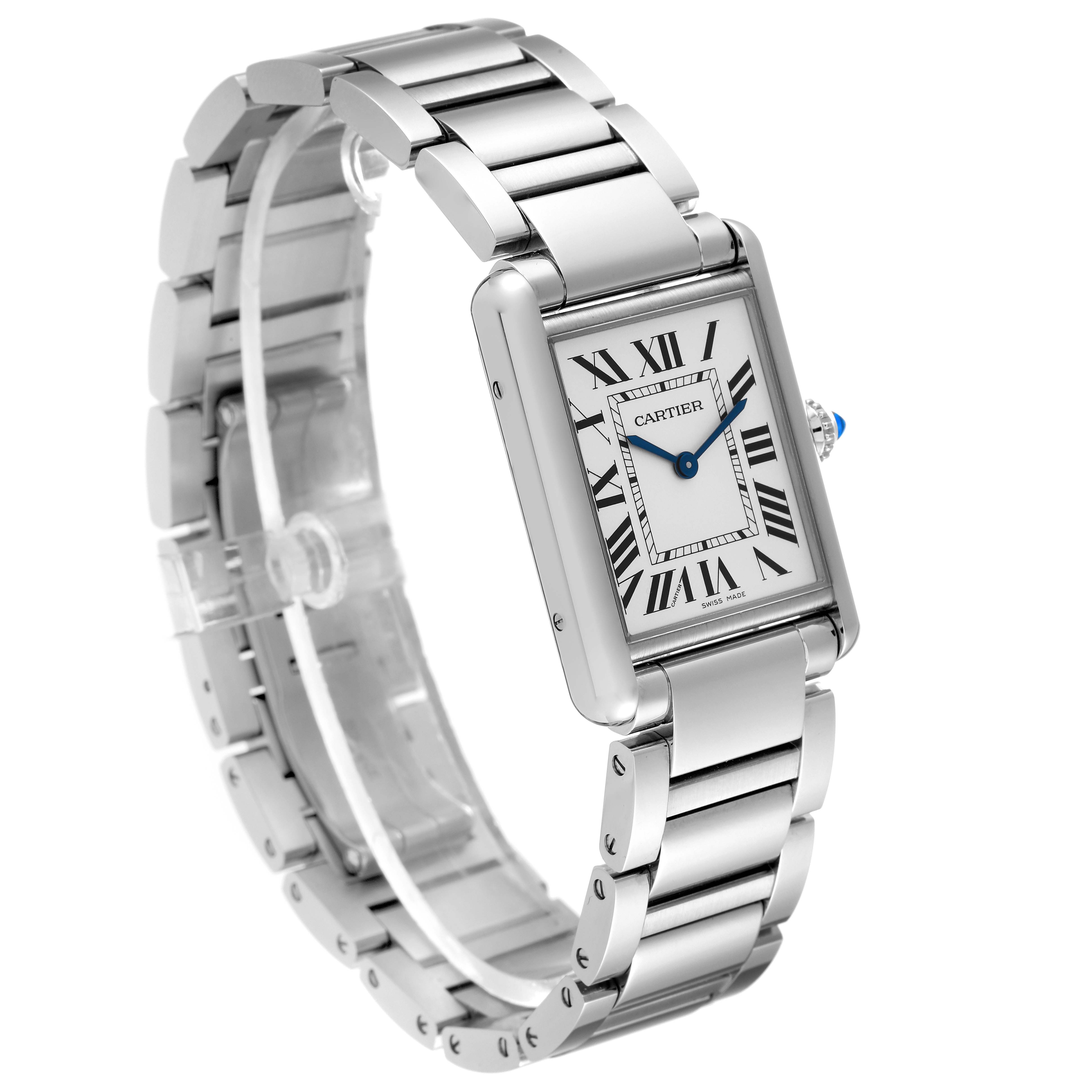 The image shows a side angle of a Cartier Tank Must WSTA0052 Women's Stainless Steel Silver Dial WSTA0052 Women's Stainless Steel Silver Dial watch, focusing on the face, bezel, and bracelet.