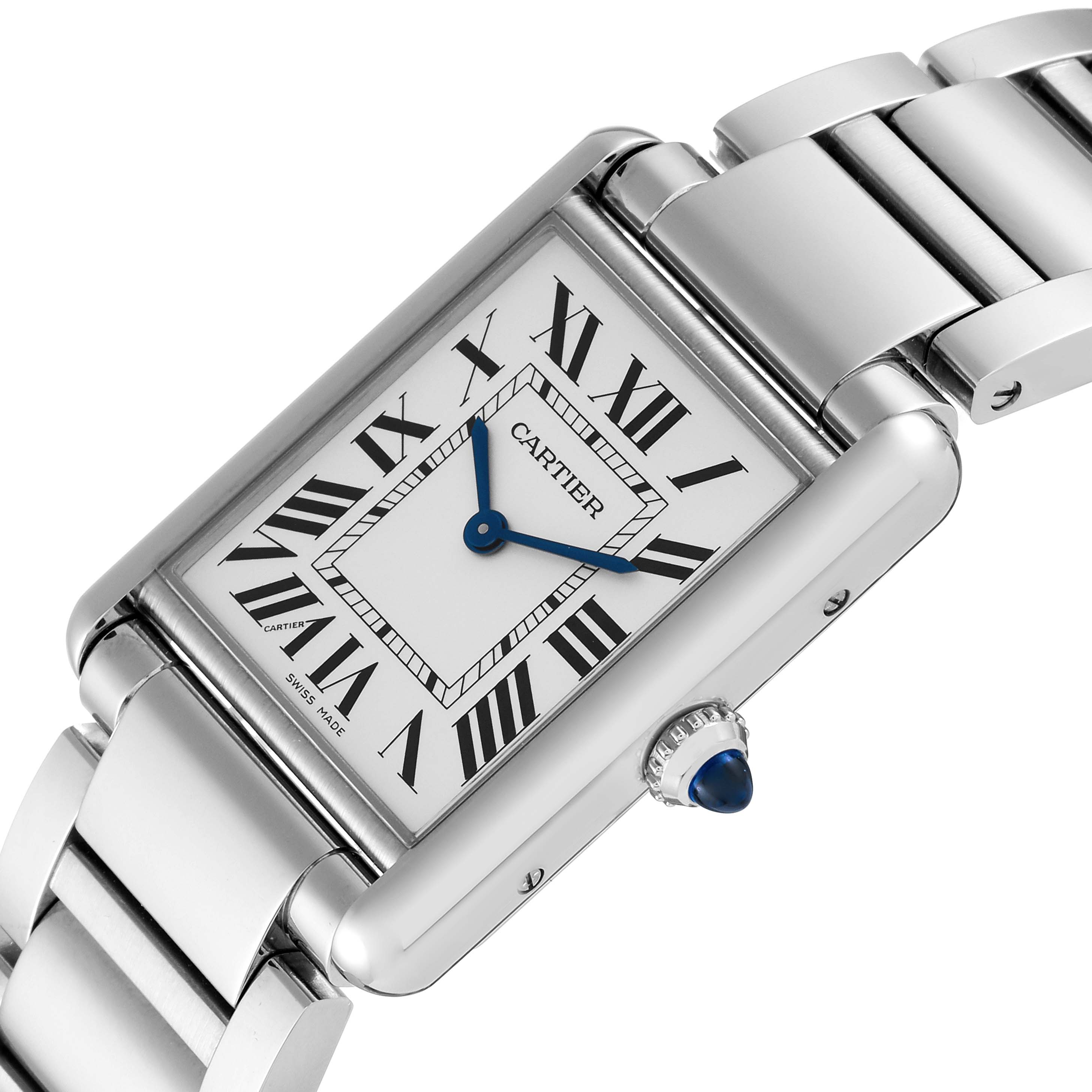 The Cartier Tank Must WSTA0052 Women's Stainless Steel Silver Dial WSTA0052 Women's Stainless Steel Silver Dial watch is shown at an angle highlighting its rectangular face, Roman numerals, blue accents, and metallic band.