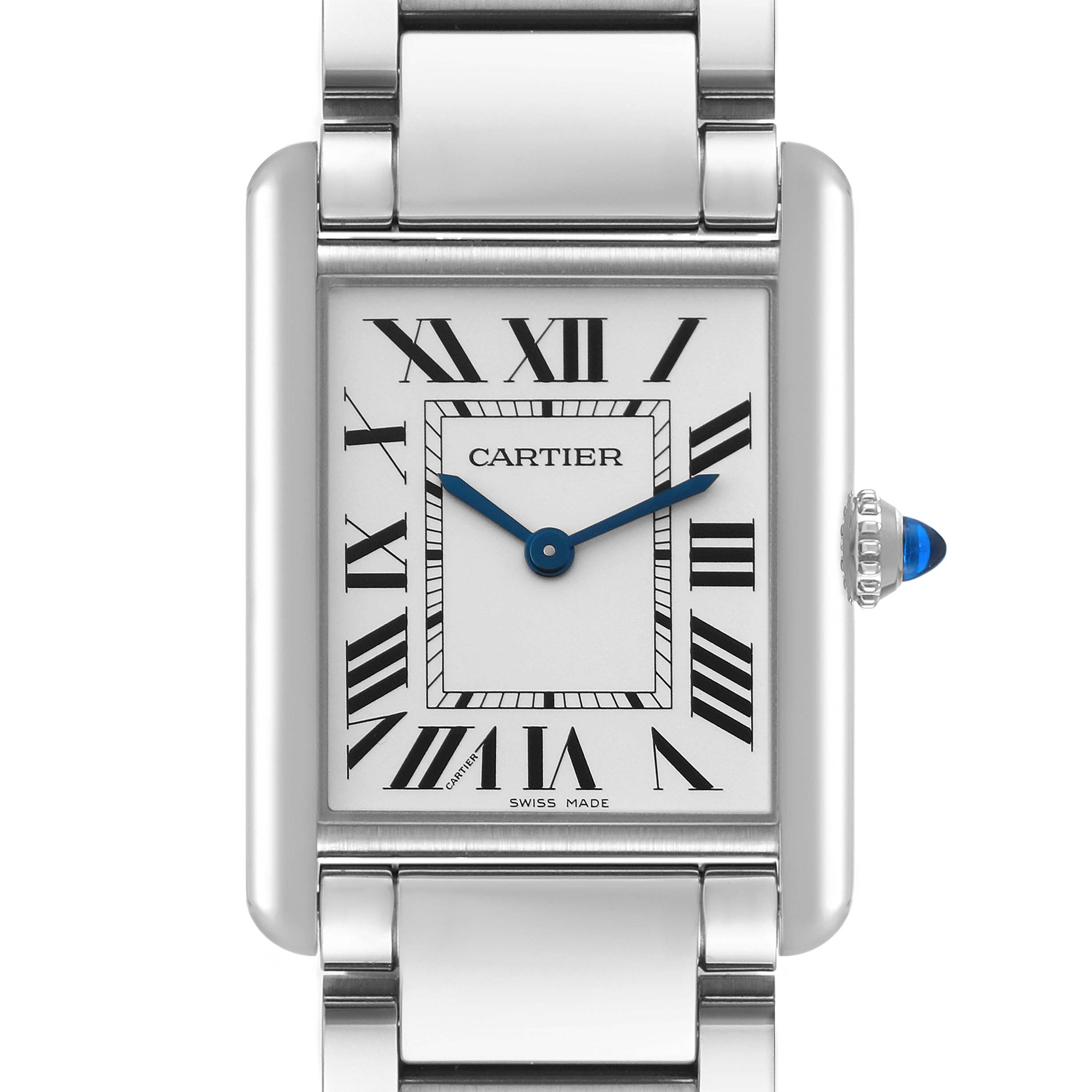 The image shows a close-up of the Cartier Tank Must WSTA0052 Women's Stainless Steel Silver Dial WSTA0052 Women's Stainless Steel Silver Dial watch's face and part of the stainless steel bracelet from a front angle.