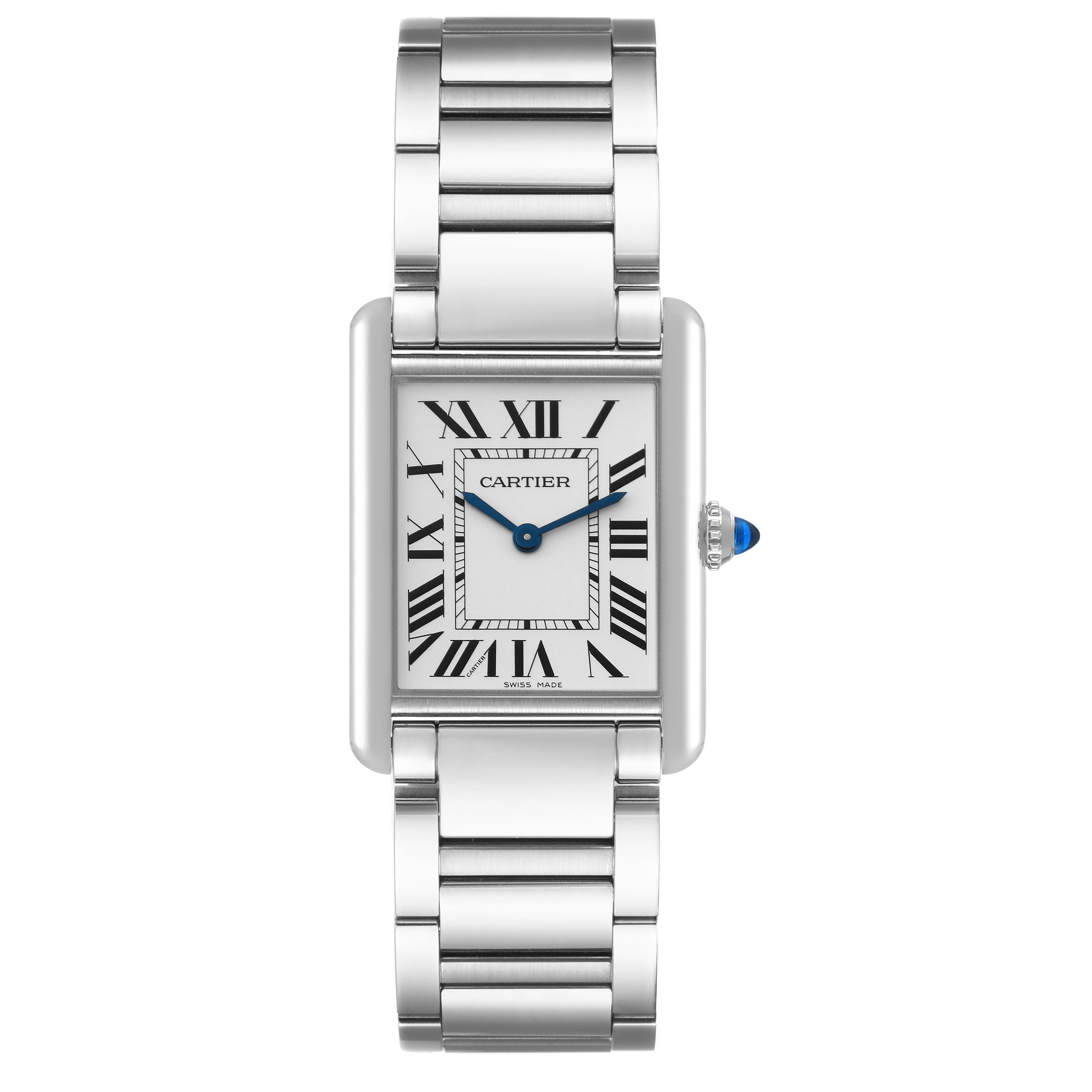 The image shows a front angle view of the Tank Must model by Cartier, displaying the face and bracelet.