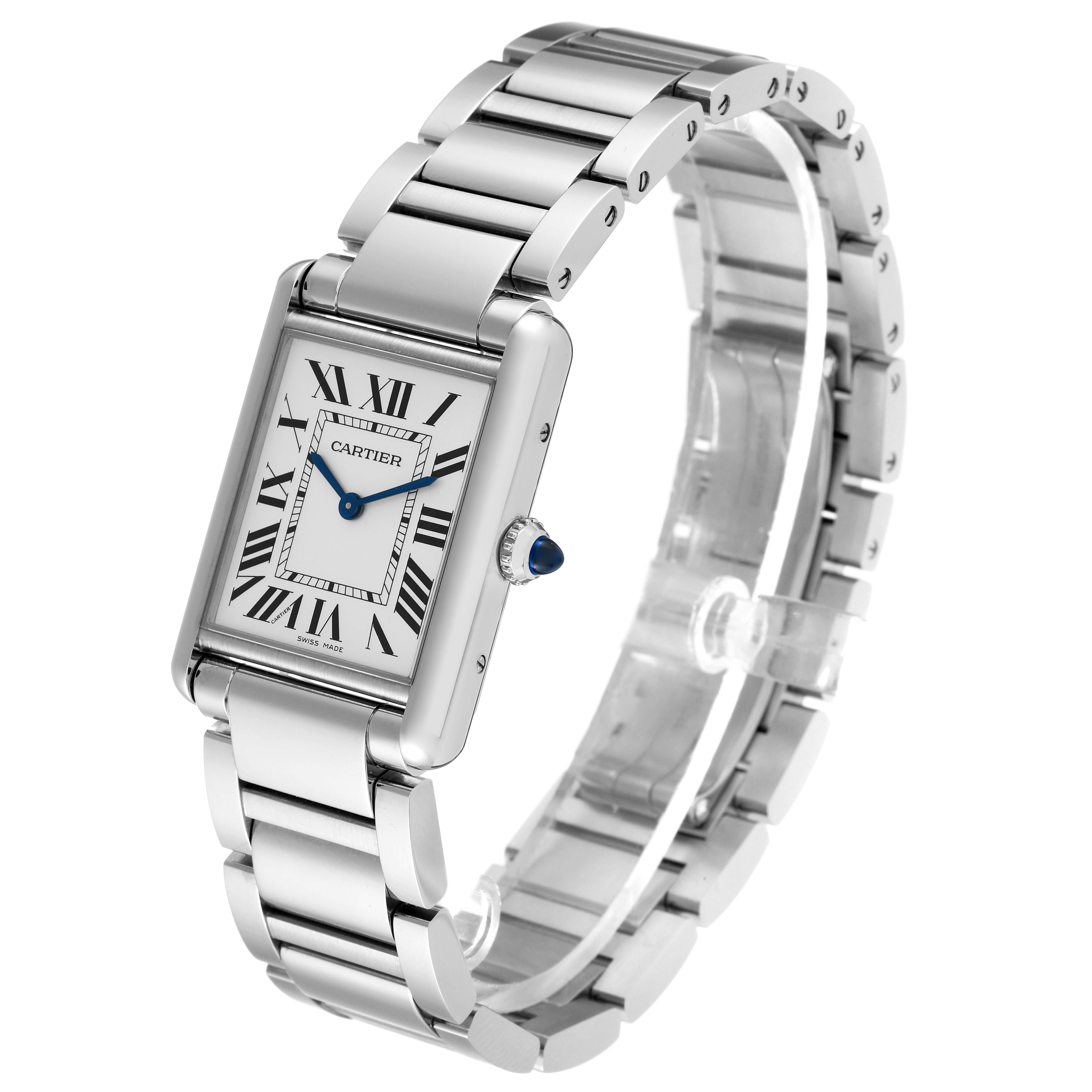 The Cartier Tank Must WSTA0052 Women's Stainless Steel Silver Dial WSTA0052 Women's Stainless Steel Silver Dial watch is shown from an angled view, highlighting its rectangular face, crown, and metallic bracelet.