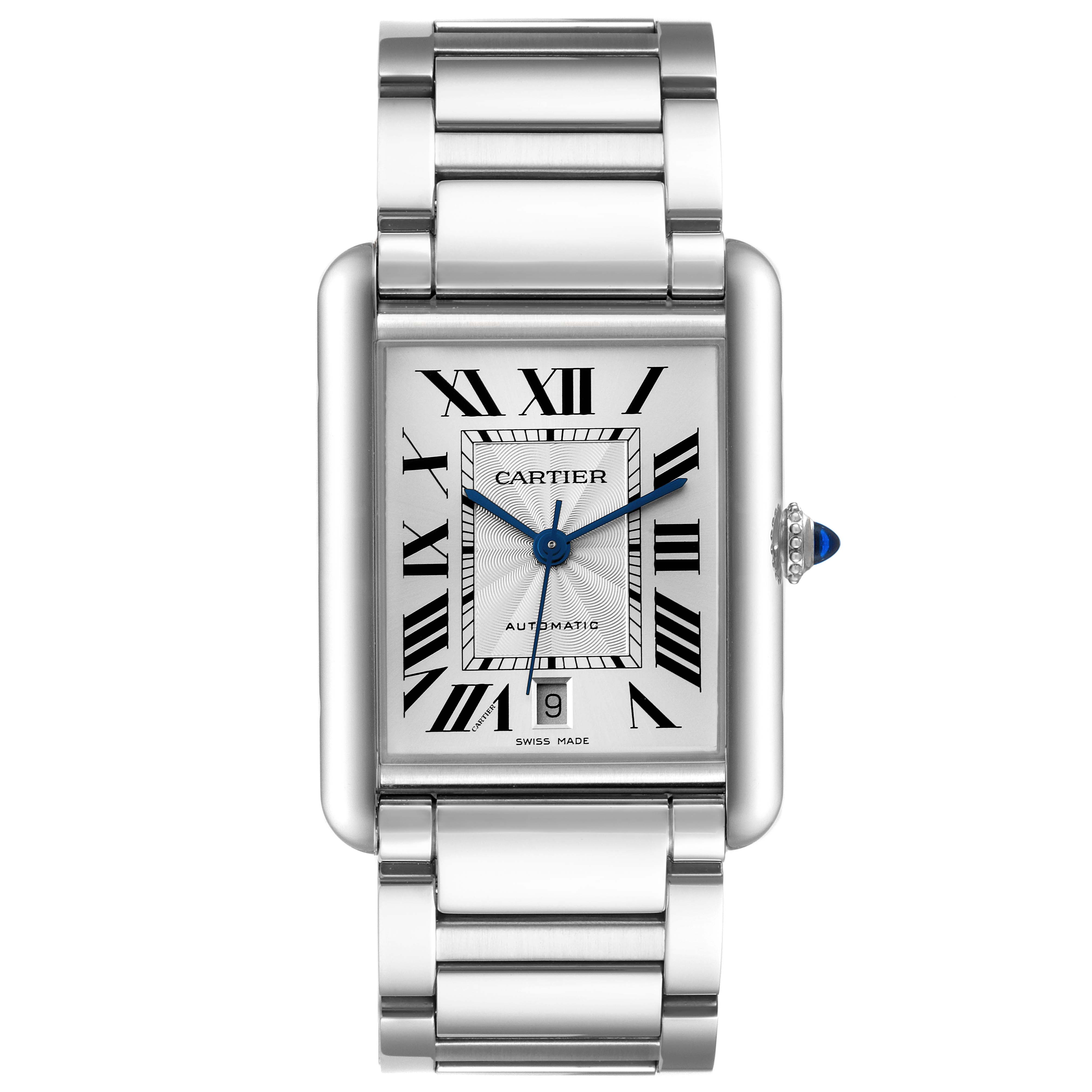 The image shows a frontal view of a Cartier Tank Must WSTA0053 Men's Stainless Steel Silver Dial WSTA0053 Men's Stainless Steel Silver Dial watch, displaying its face, bracelet, and crown.