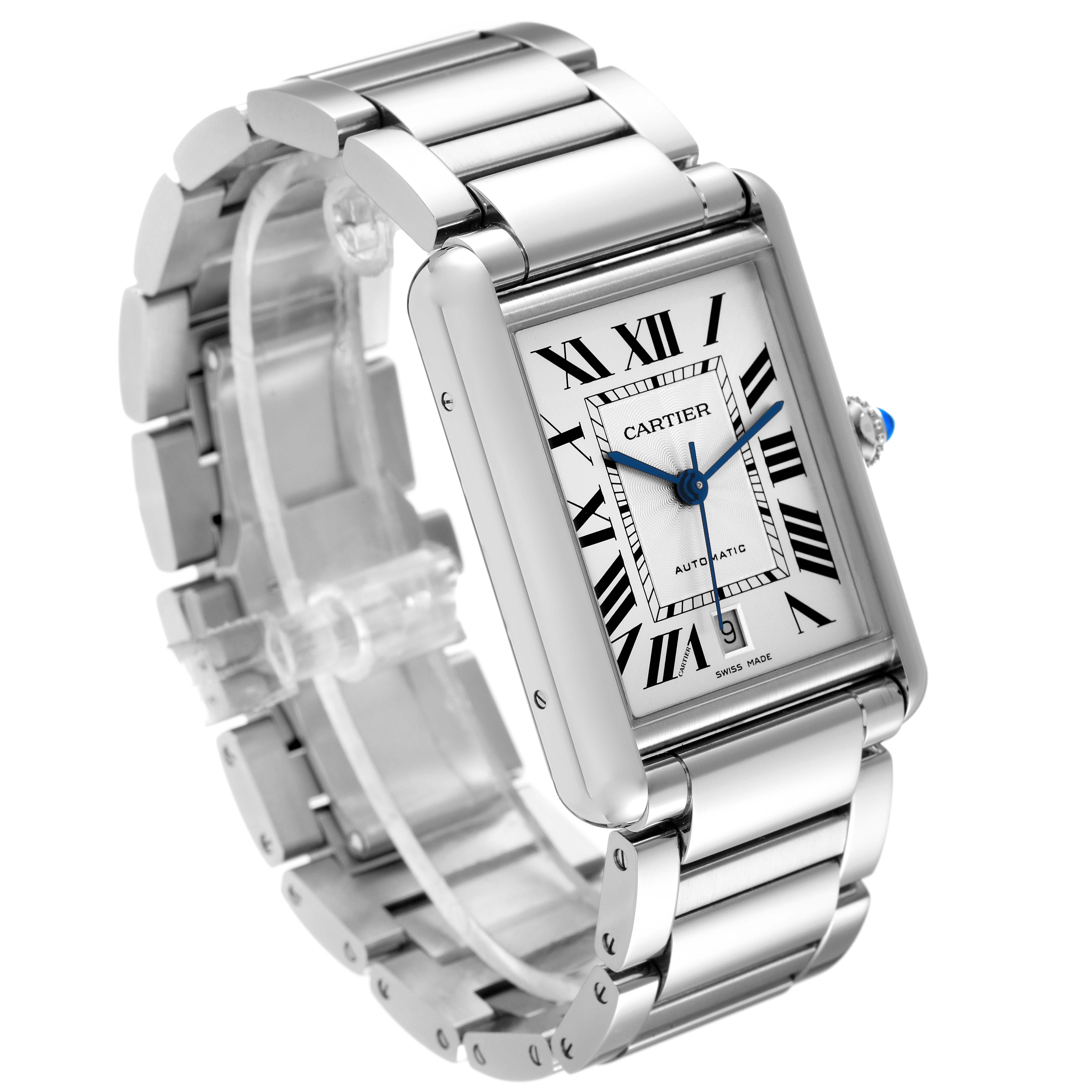 The Cartier Tank Must WSTA0053 Men's Stainless Steel Silver Dial WSTA0053 Men's Stainless Steel Silver Dial watch is shown at an angle highlighting its rectangular face, Roman numerals, and metallic bracelet.