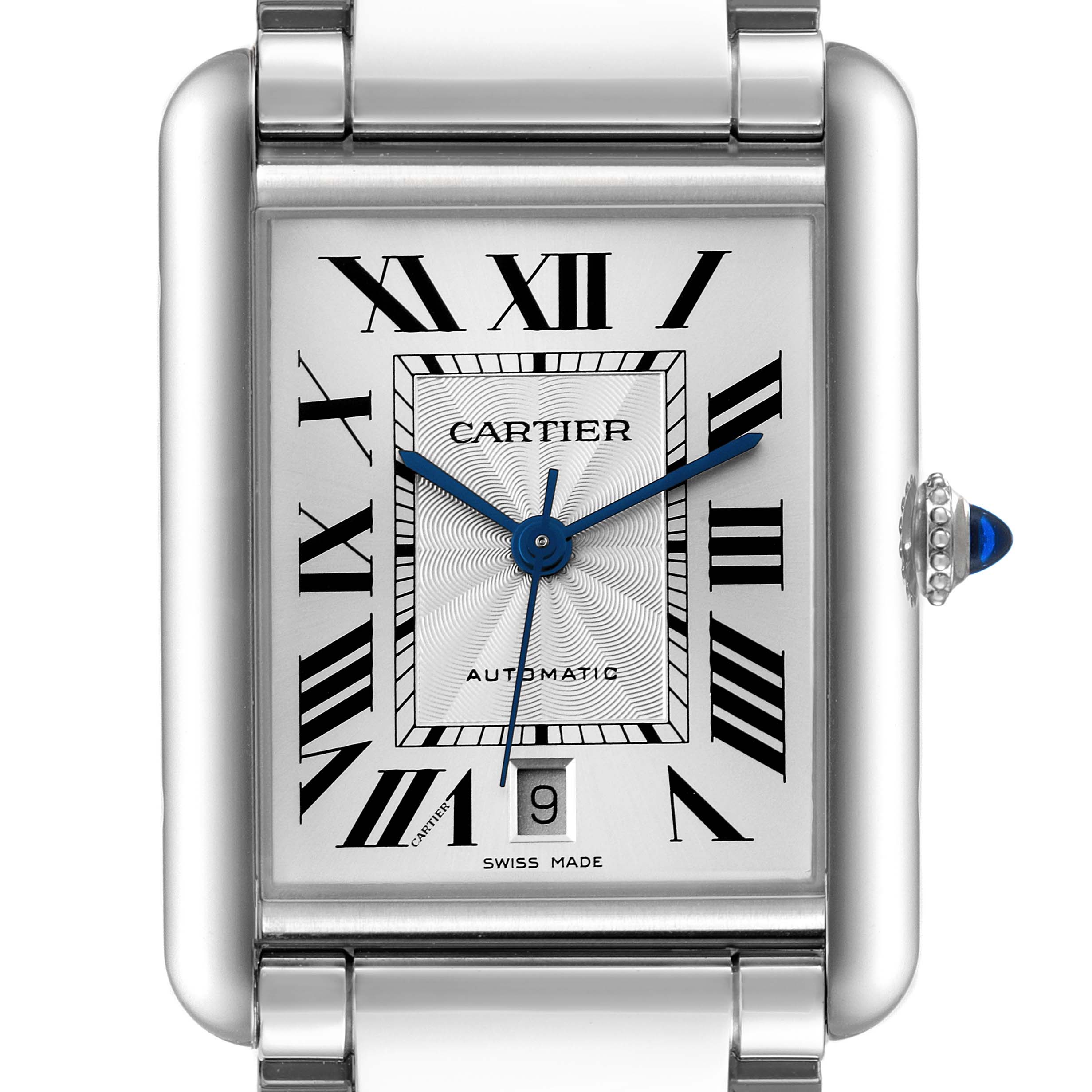 This is a close-up of the face of a Cartier Tank Must WSTA0053 Men's Stainless Steel Silver Dial WSTA0053 Men's Stainless Steel Silver Dial watch, showing the dial, hands, and crown with a blue gemstone.