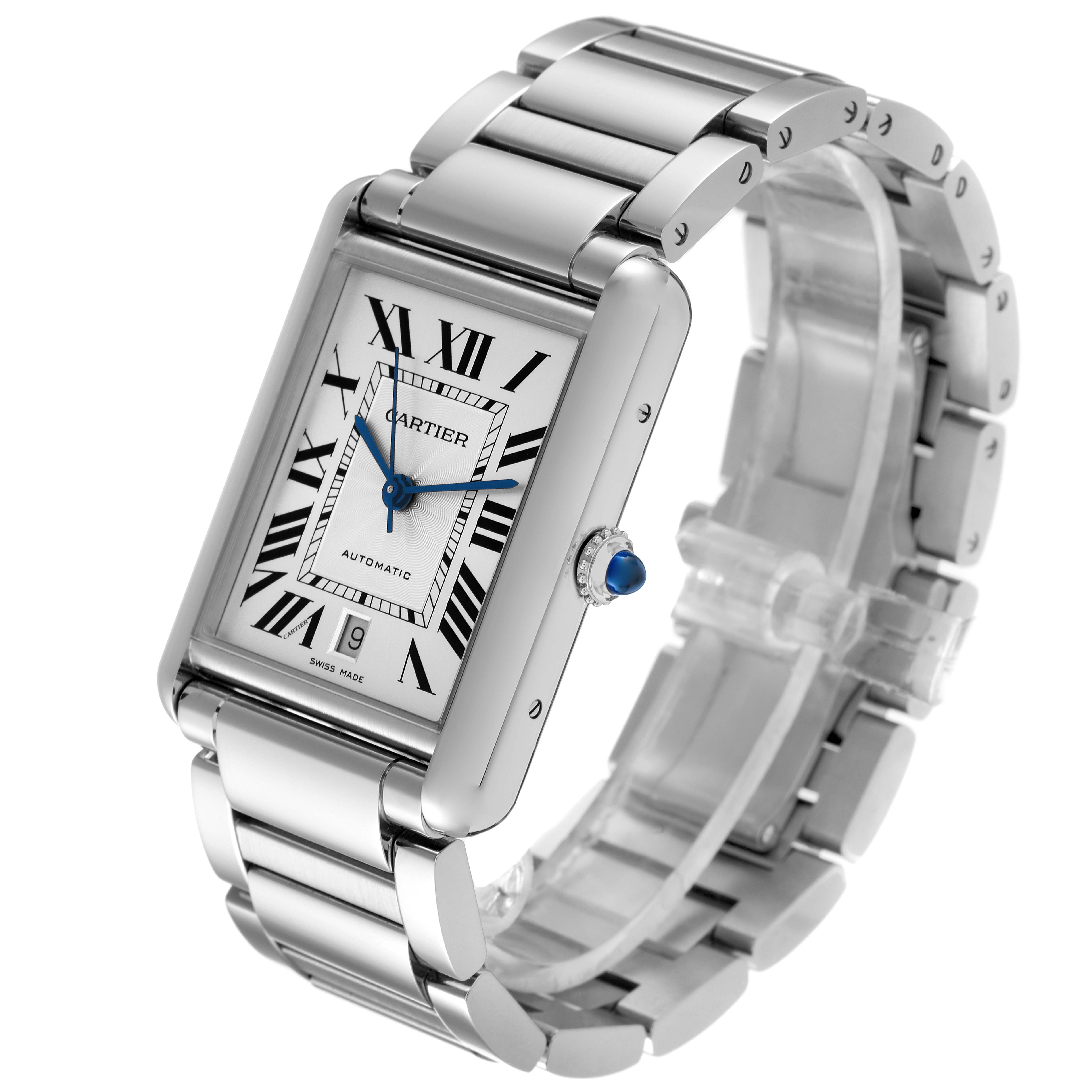 The image shows a Cartier Tank Must WSTA0053 Men's Stainless Steel Silver Dial WSTA0053 Men's Stainless Steel Silver Dial watch at a three-quarter angle, highlighting the face, bracelet, and crown with a blue cabochon.