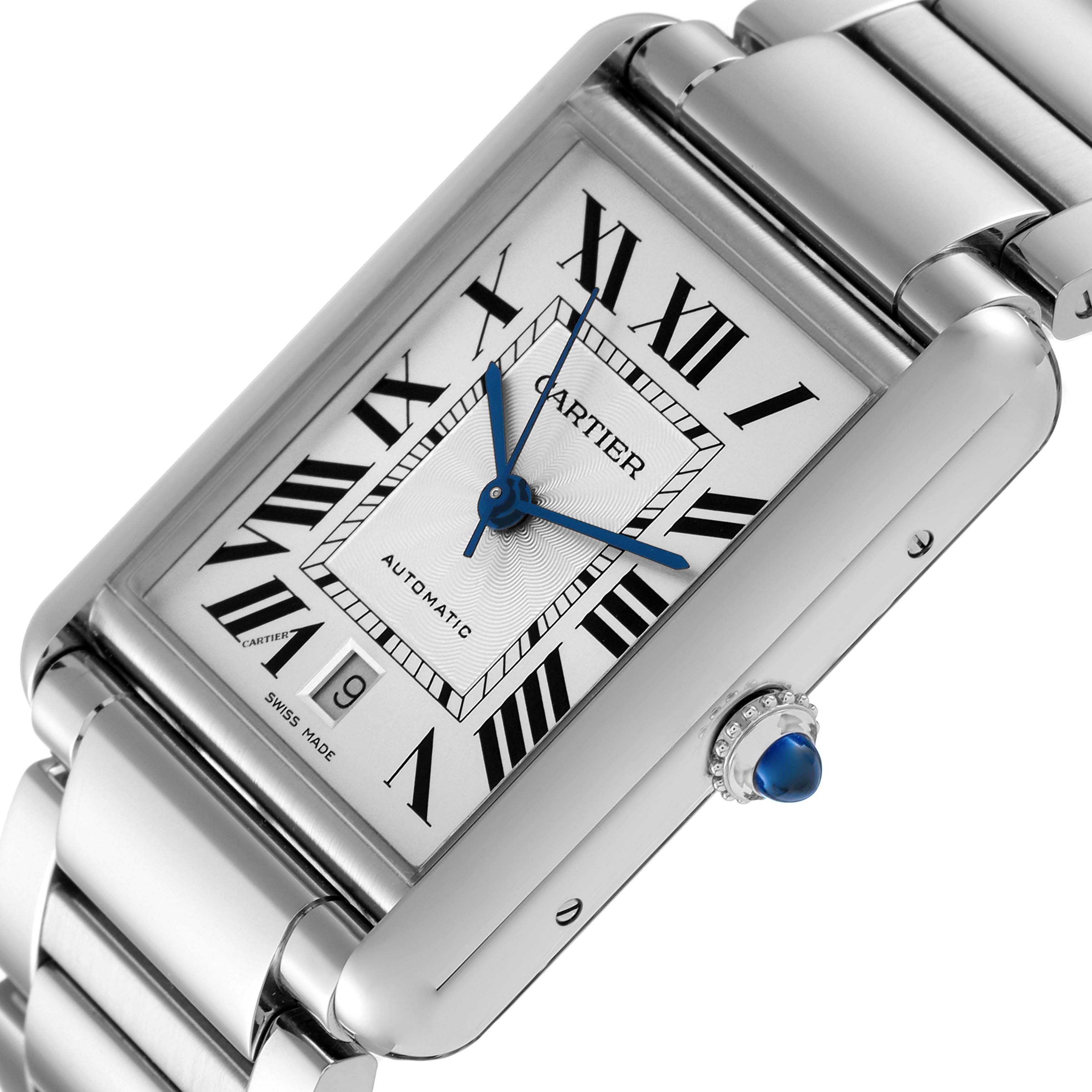 This image shows a close-up angle of the Cartier Tank Must WSTA0053 Men's Stainless Steel Silver Dial WSTA0053 Men's Stainless Steel Silver Dial watch, featuring its face, bracelet, and crown.