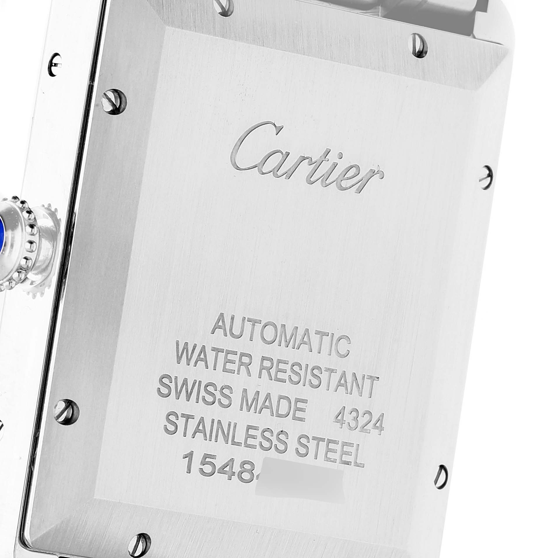 The image shows the back case of a Cartier Tank Must WSTA0053 Men's Stainless Steel Silver Dial WSTA0053 Men's Stainless Steel Silver Dial watch at an angled view.