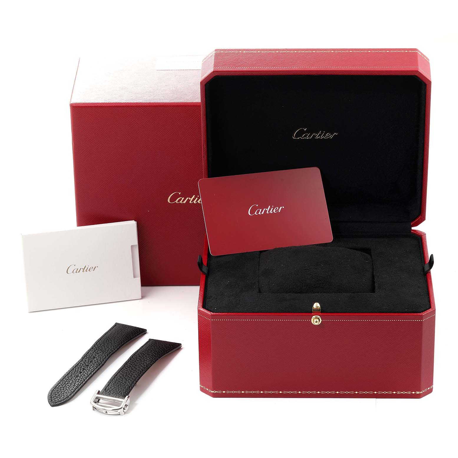 This image shows the packaging and accessories for a Cartier Tank Must WSTA0053 Men's Stainless Steel Silver Dial WSTA0053 Men's Stainless Steel Silver Dial watch, including a box, warranty card, and additional straps.
