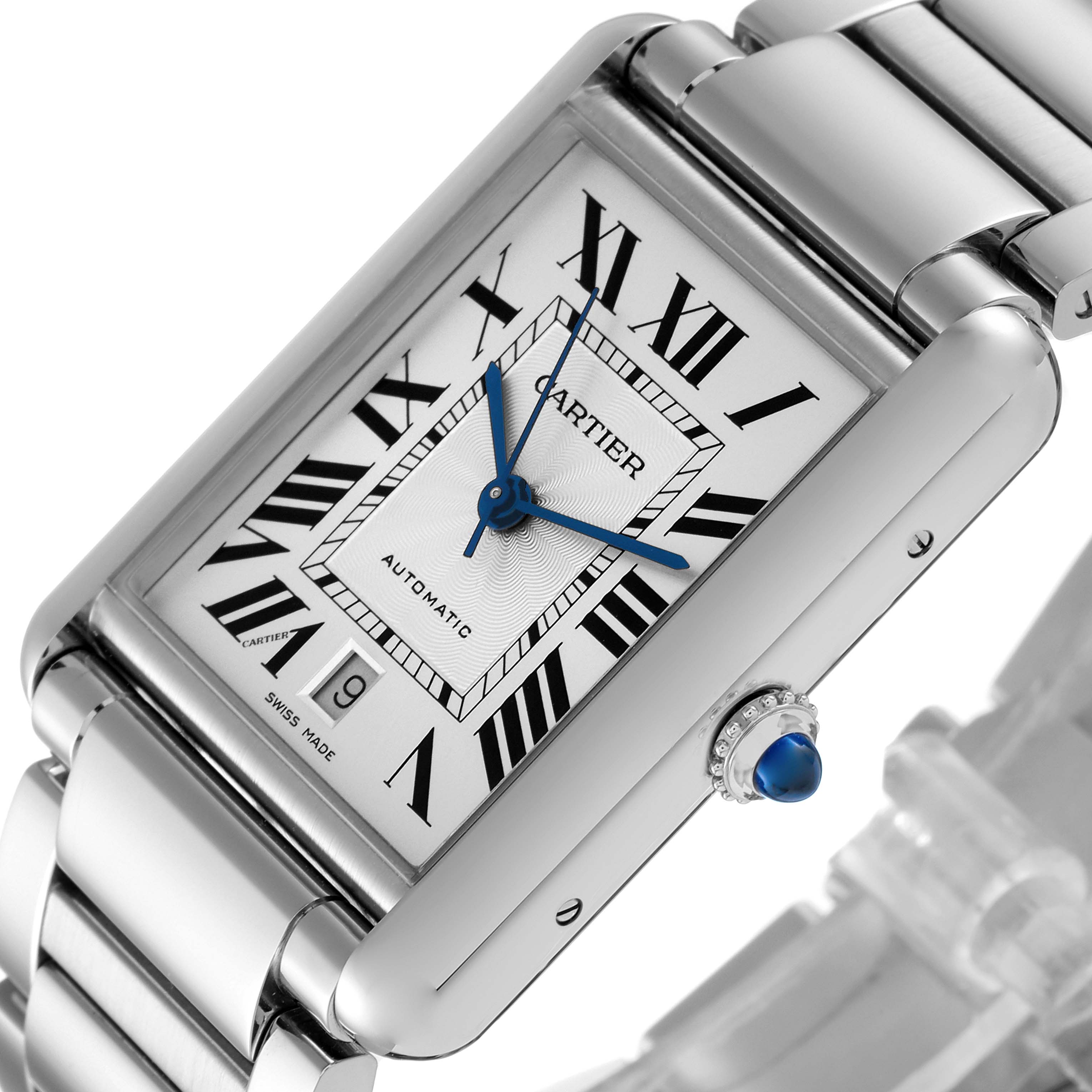 The image shows a Cartier Tank Must WSTA0053 Men's Stainless Steel Silver Dial WSTA0053 Men's Stainless Steel Silver Dial watch at a slight angle, highlighting its face, Roman numerals, blue hands, crown, and metal bracelet.