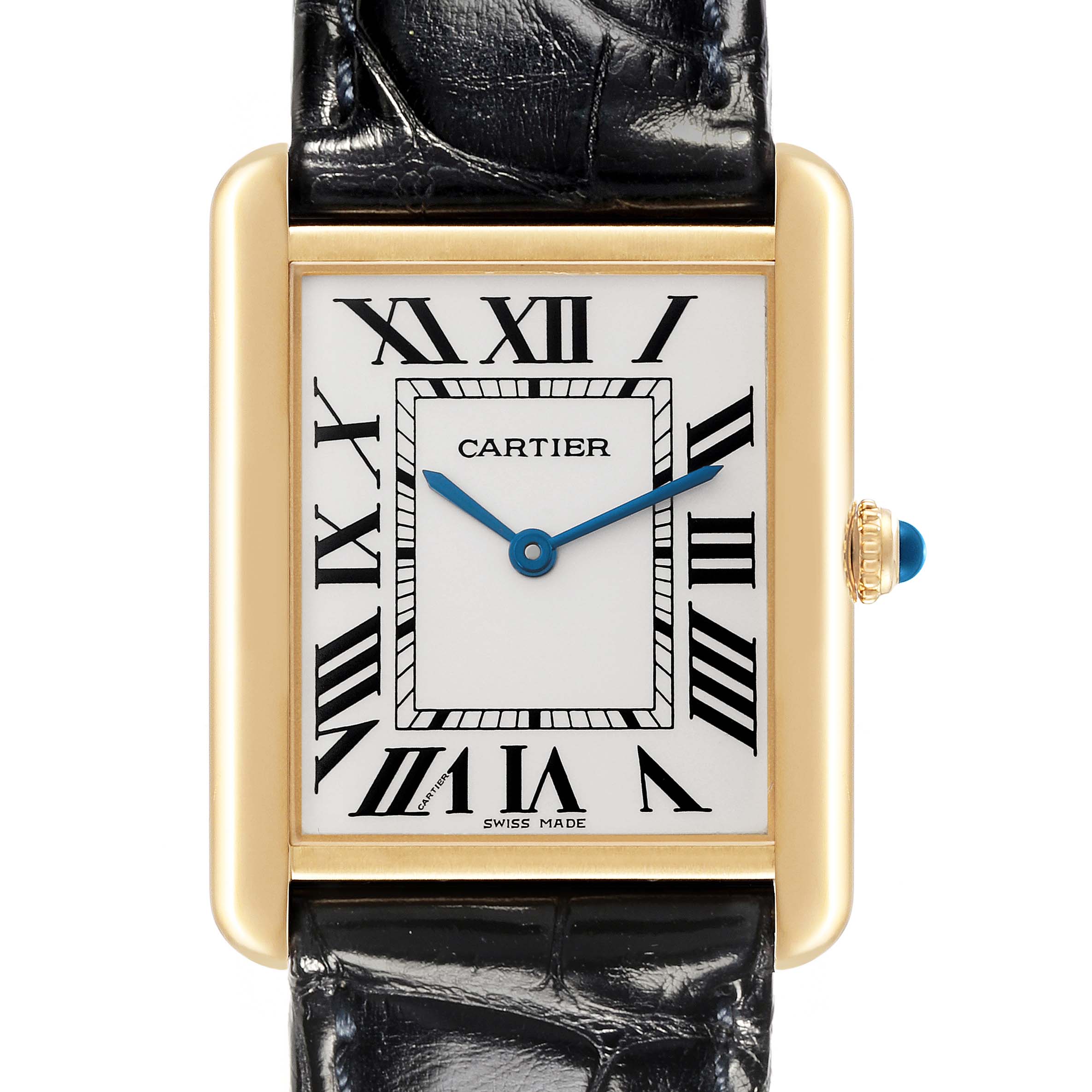 This image shows a front view of the Cartier Tank Solo W1018855 Men's Steel and Gold (two tone) Silver Dial W1018855 Men's Steel and Gold (two tone) Silver Dial watch face, including its Roman numerals, blue hands, and the crown with a blue cabochon.