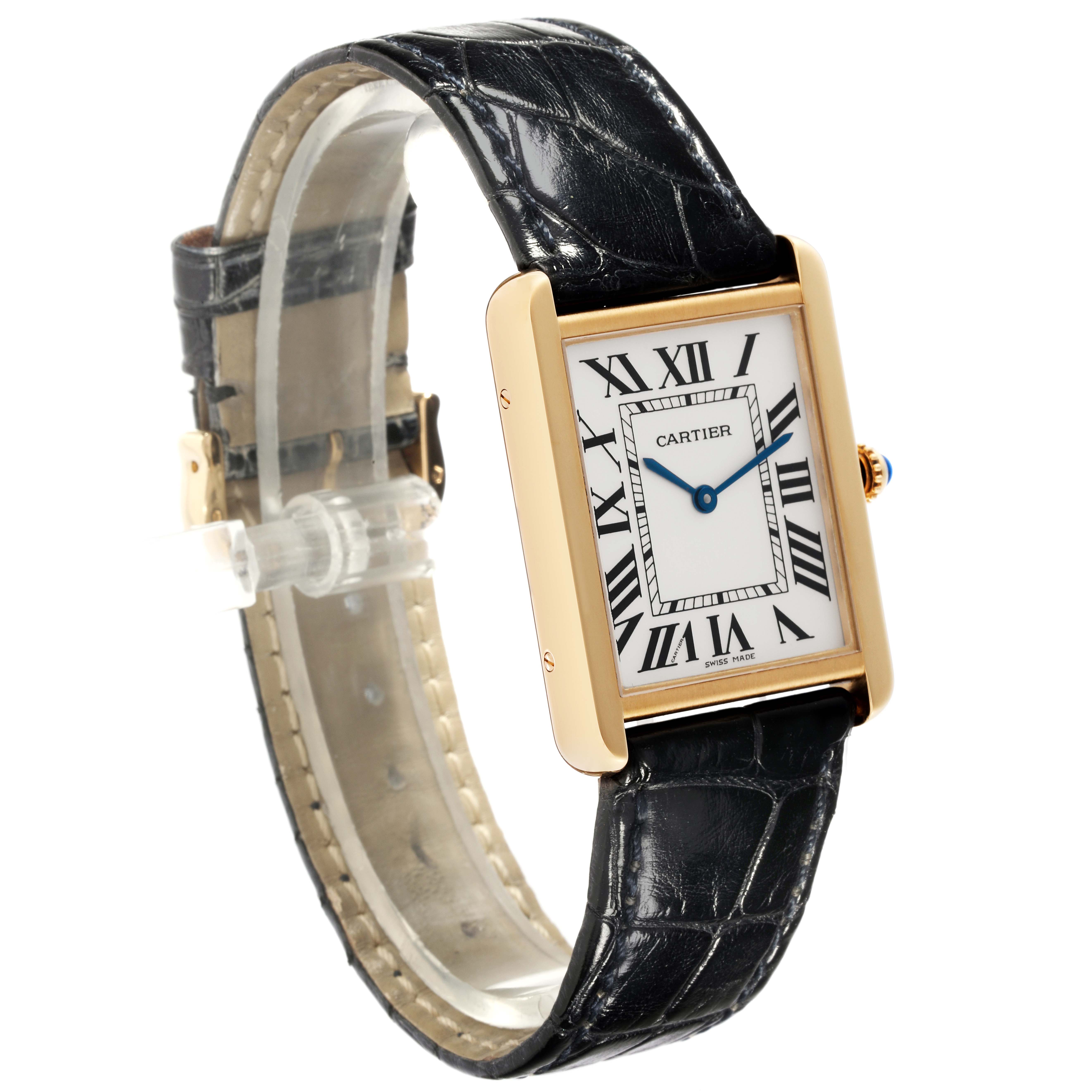The image shows a Cartier Tank Solo W1018855 Men's Steel and Gold (two tone) Silver Dial W1018855 Men's Steel and Gold (two tone) Silver Dial watch from a three-quarter angle, highlighting the gold case, white dial, Roman numerals, and black leather strap.