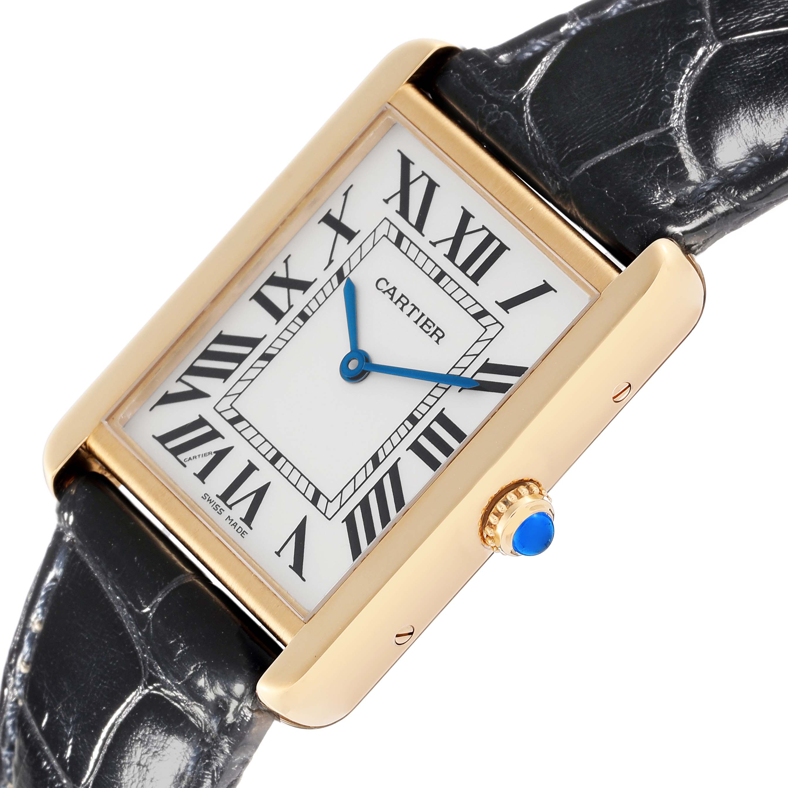 This image shows a close-up of the Cartier Tank Solo W1018855 Men's Steel and Gold (two tone) Silver Dial W1018855 Men's Steel and Gold (two tone) Silver Dial watch's face, case, crown, and part of the strap at an angle.