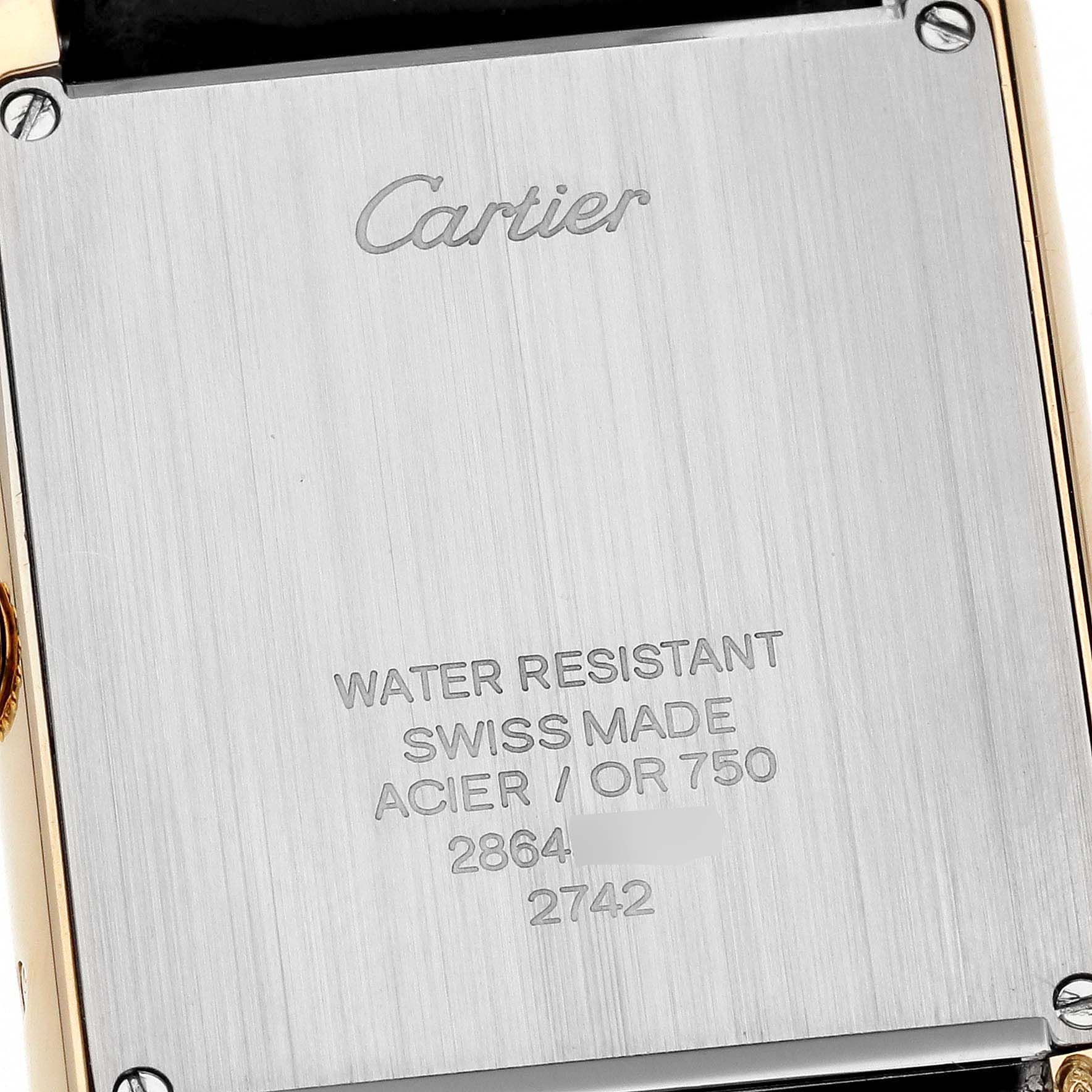 This image shows the back case of a Cartier Tank Solo W1018855 Men's Steel and Gold (two tone) Silver Dial W1018855 Men's Steel and Gold (two tone) Silver Dial watch, highlighting its engravings and water resistance information.