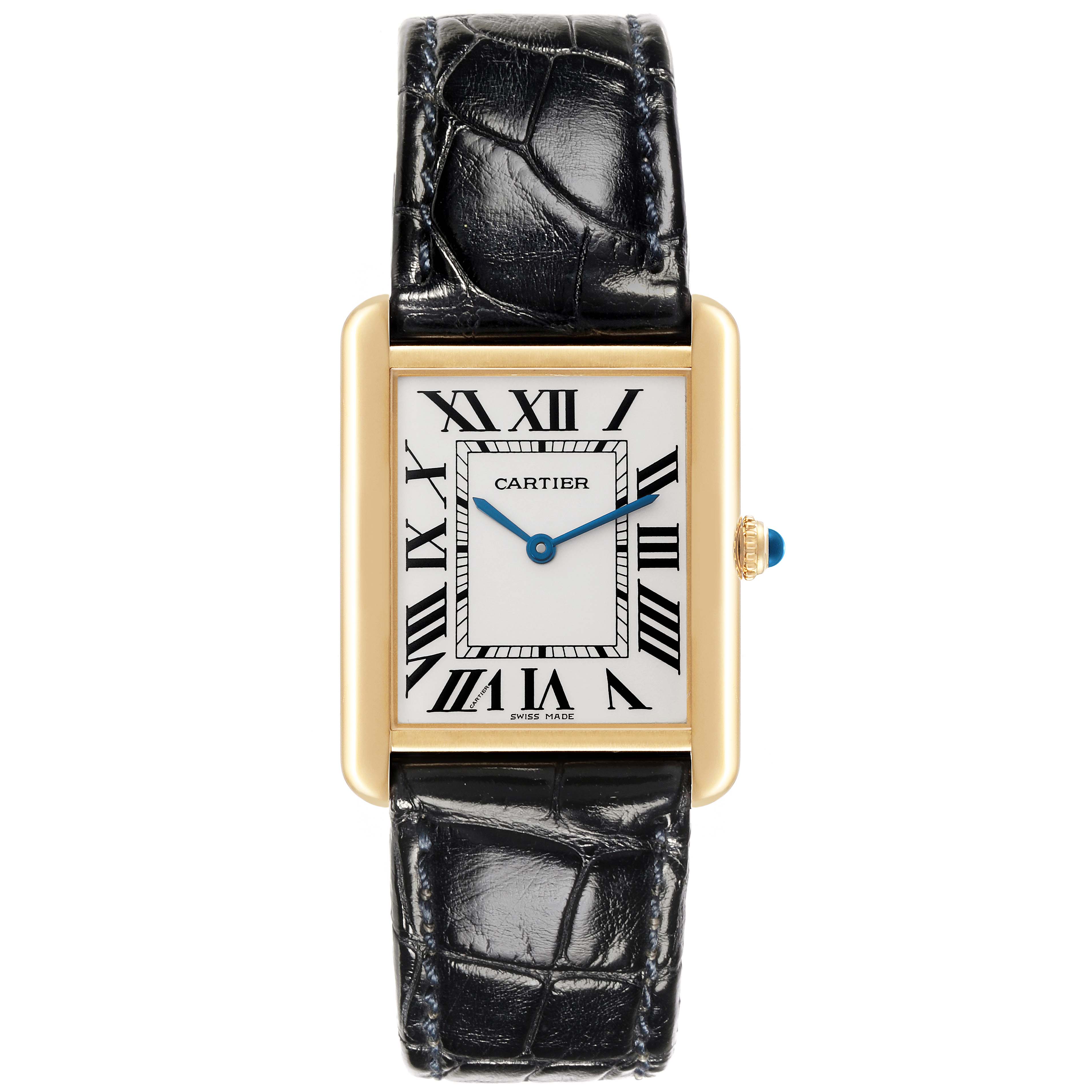 This image shows a frontal view of the Cartier Tank Solo W1018855 Men's Steel and Gold (two tone) Silver Dial W1018855 Men's Steel and Gold (two tone) Silver Dial watch, displaying the face, Roman numerals, gold rectangular case, black leather strap, and blue sword-shaped hands.
