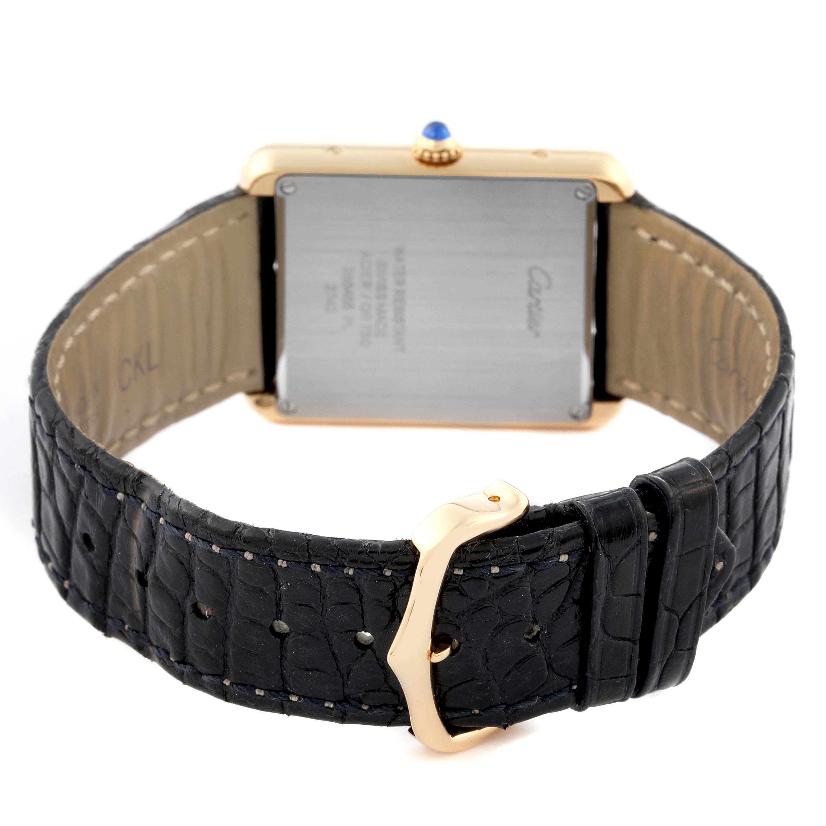 The image shows the back view of a Cartier Tank Solo W1018855 Men's Steel and Gold (two tone) Silver Dial W1018855 Men's Steel and Gold (two tone) Silver Dial watch, highlighting the strap and clasp.