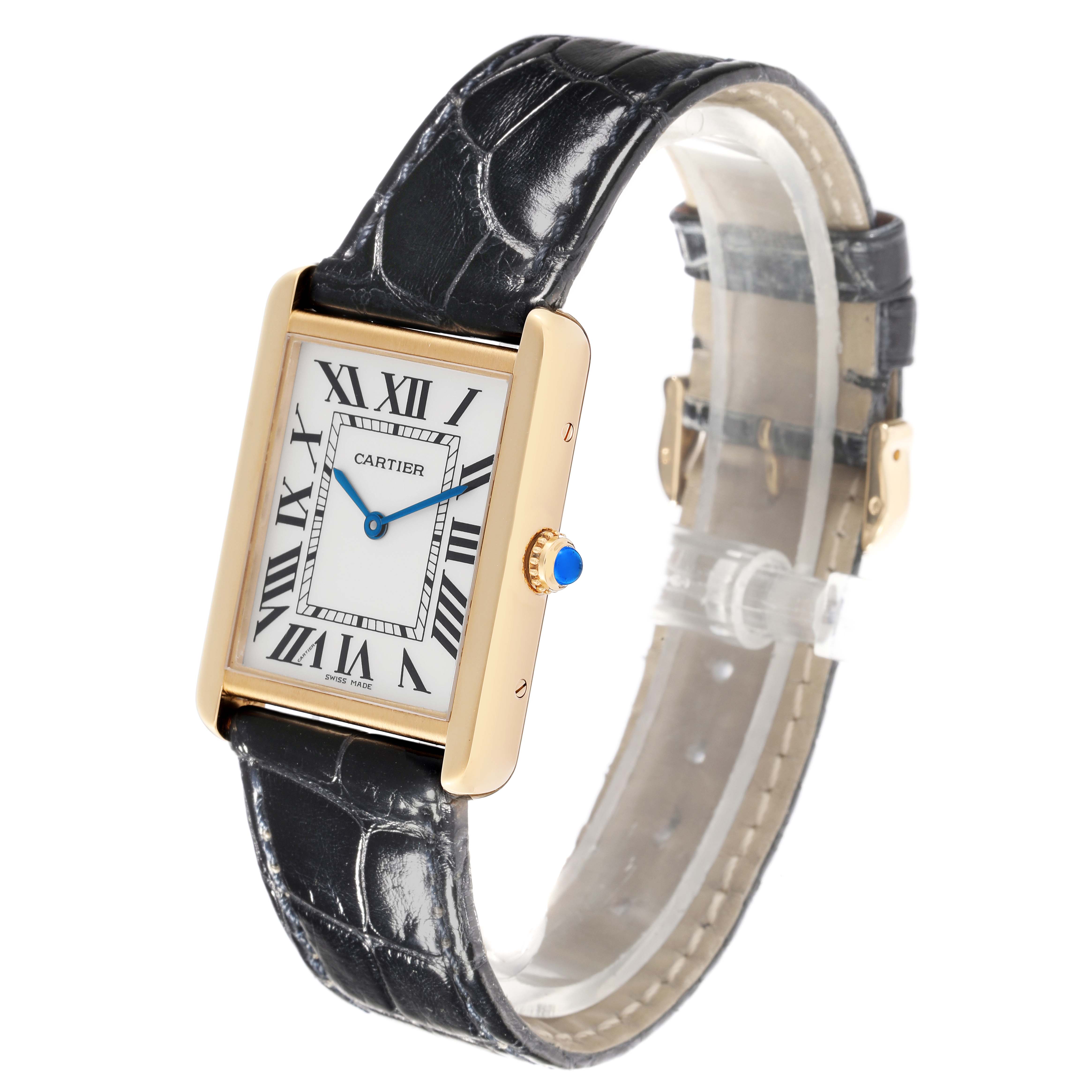 This image shows a Cartier Tank Solo W1018855 Men's Steel and Gold (two tone) Silver Dial W1018855 Men's Steel and Gold (two tone) Silver Dial watch at a three-quarter angle, highlighting its face, strap, and side.