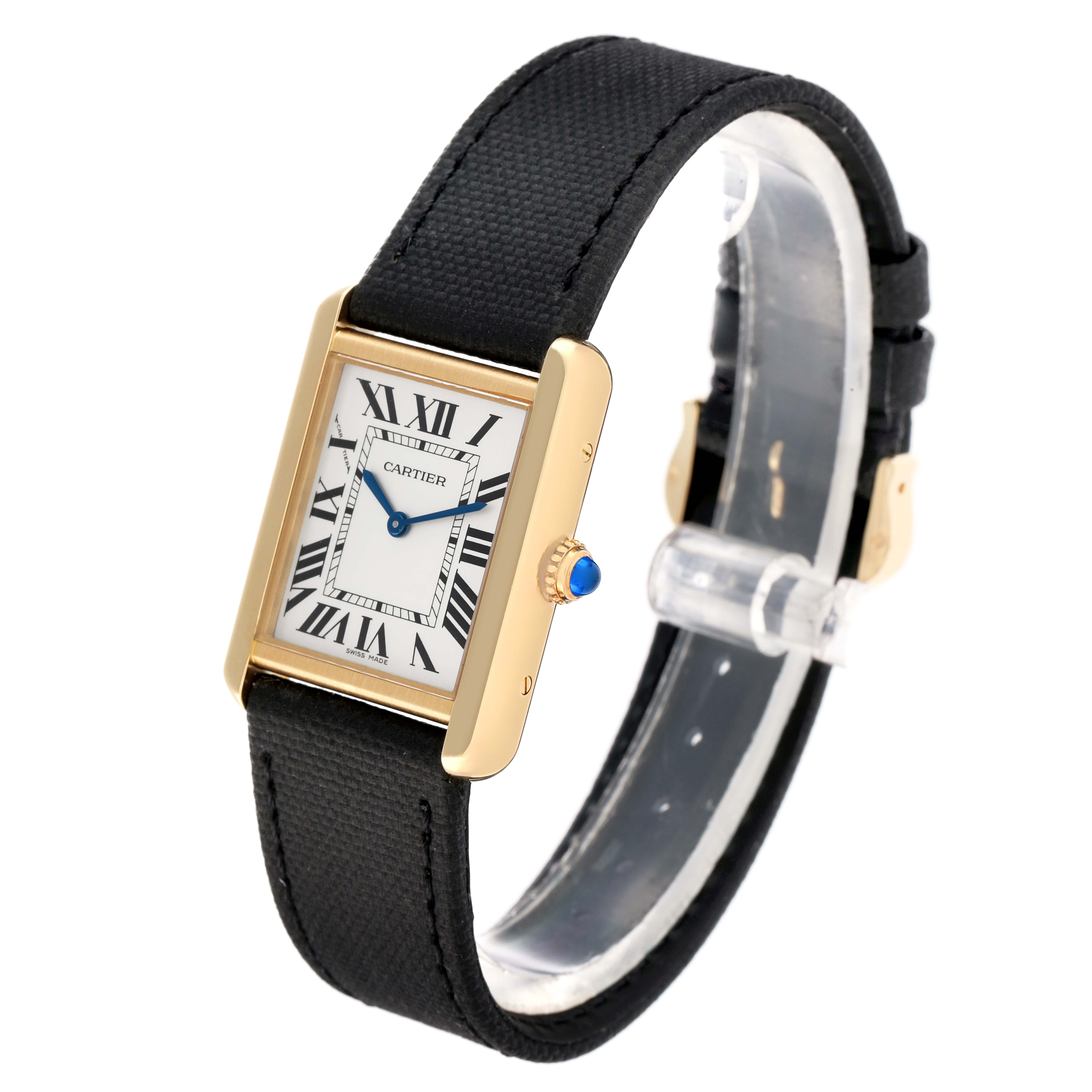The Cartier Tank Solo W5200002 Women
s Steel and Gold (two tone) Silver Dial watch is shown at a three-quarter angle, highlighting the face, case, strap, and crown.
