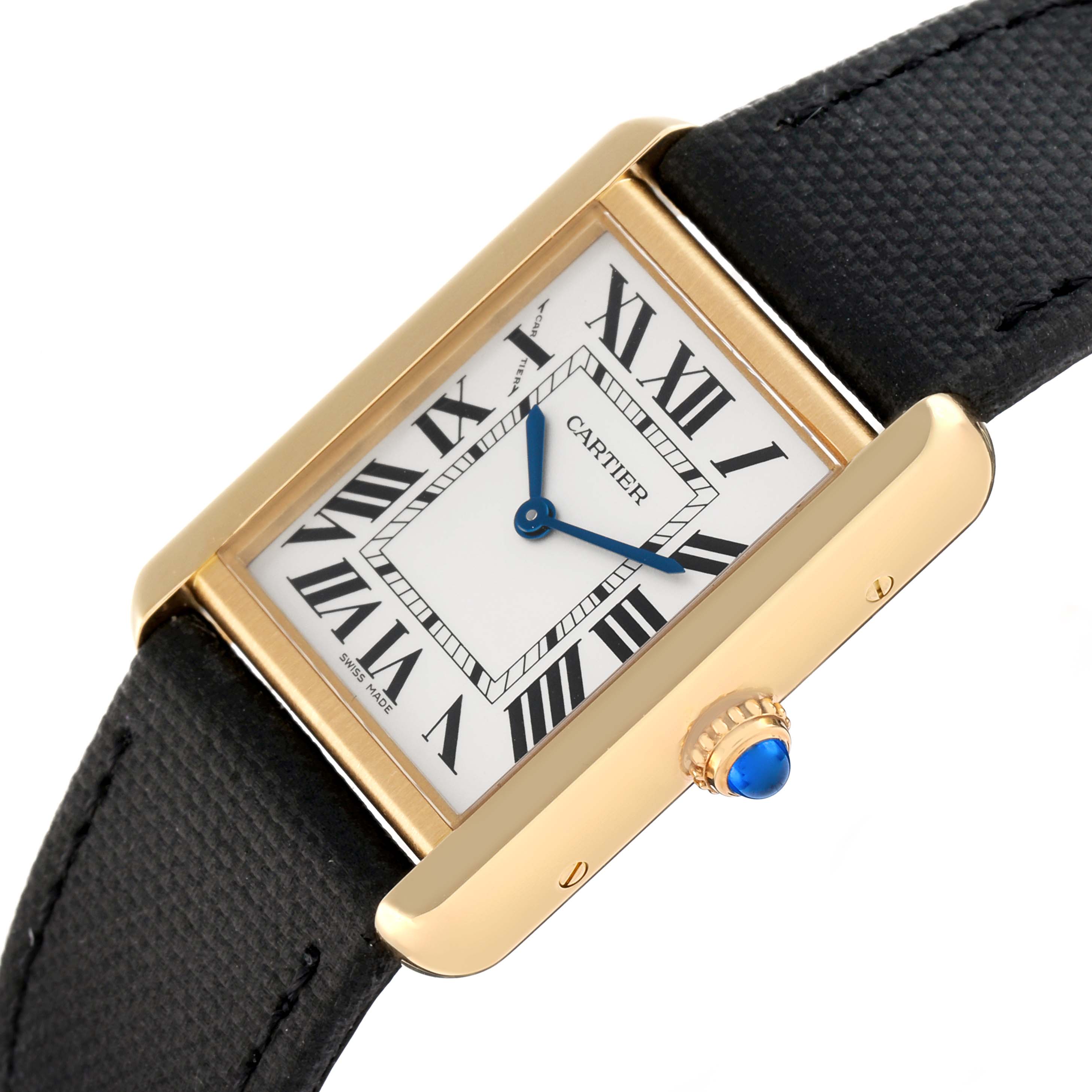 The Cartier Tank Solo W5200002 Women
s Steel and Gold (two tone) Silver Dial watch is shown at an angled close-up, featuring the face, crown, and part of the black strap.