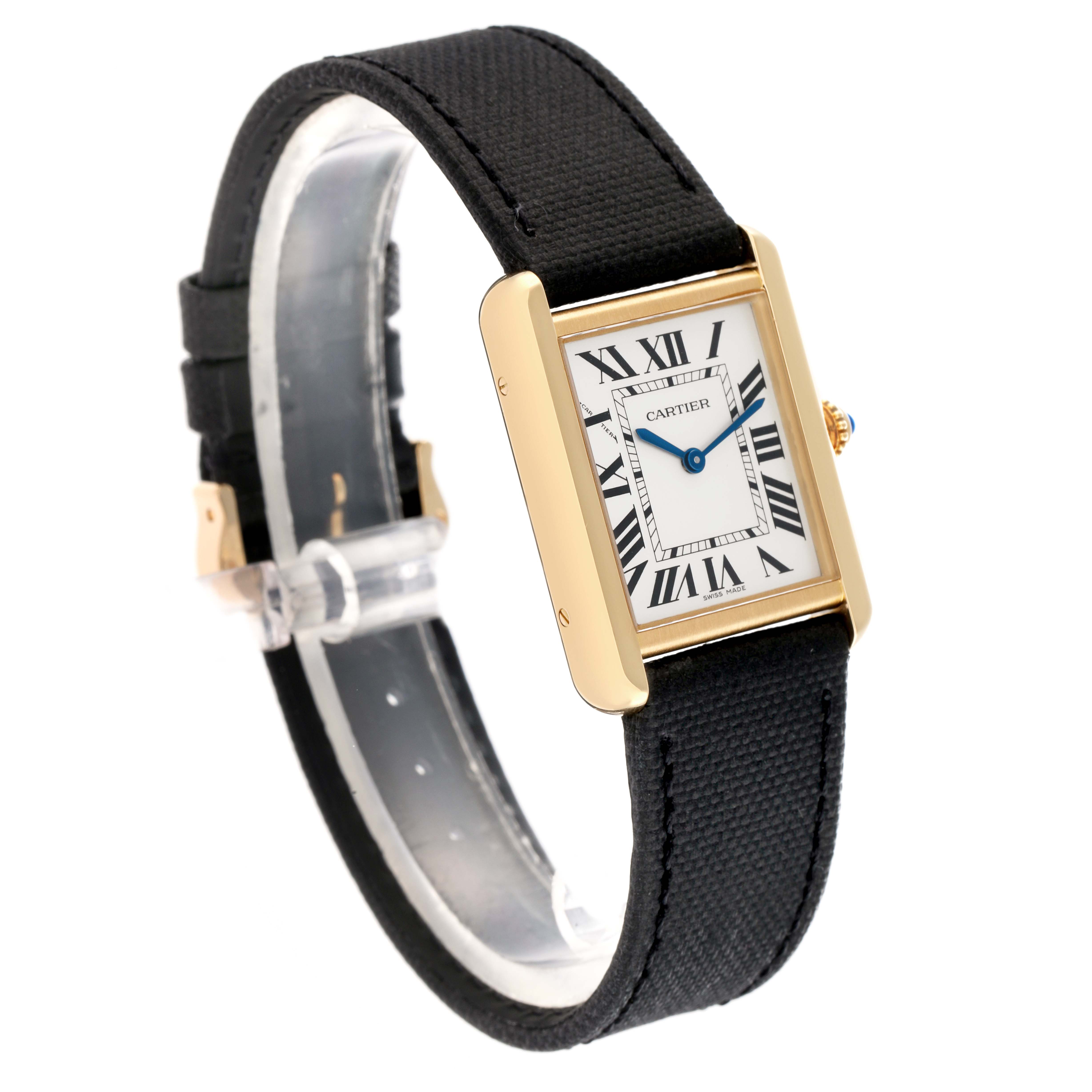 The Cartier Tank Solo W5200002 Women
s Steel and Gold (two tone) Silver Dial watch is shown at a three-quarter angle, highlighting the face, case, and strap.