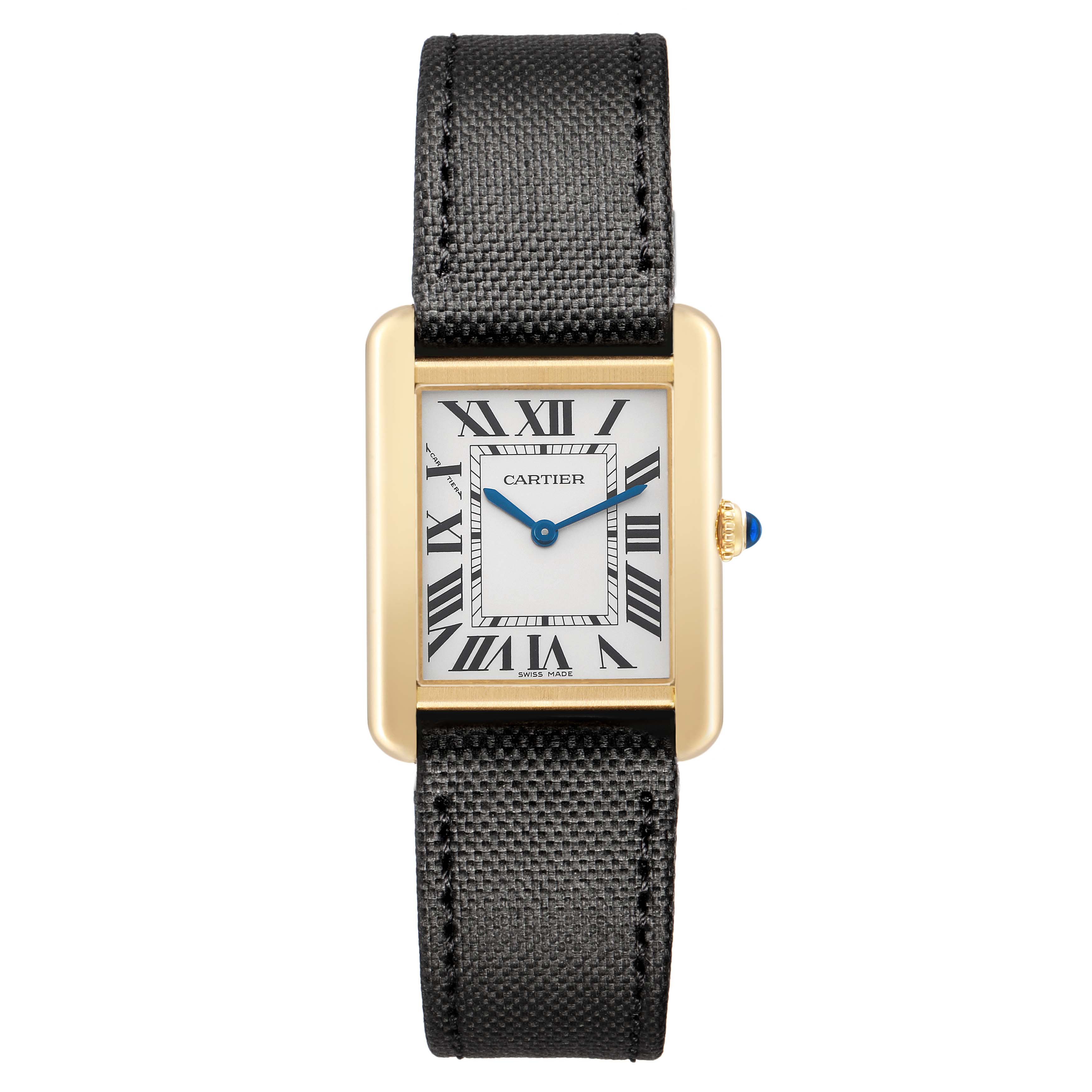 The Cartier Tank Solo W5200002 Women
s Steel and Gold (two tone) Silver Dial watch is shown from a front angle, highlighting its rectangular face, Roman numerals, gold case, and black strap.