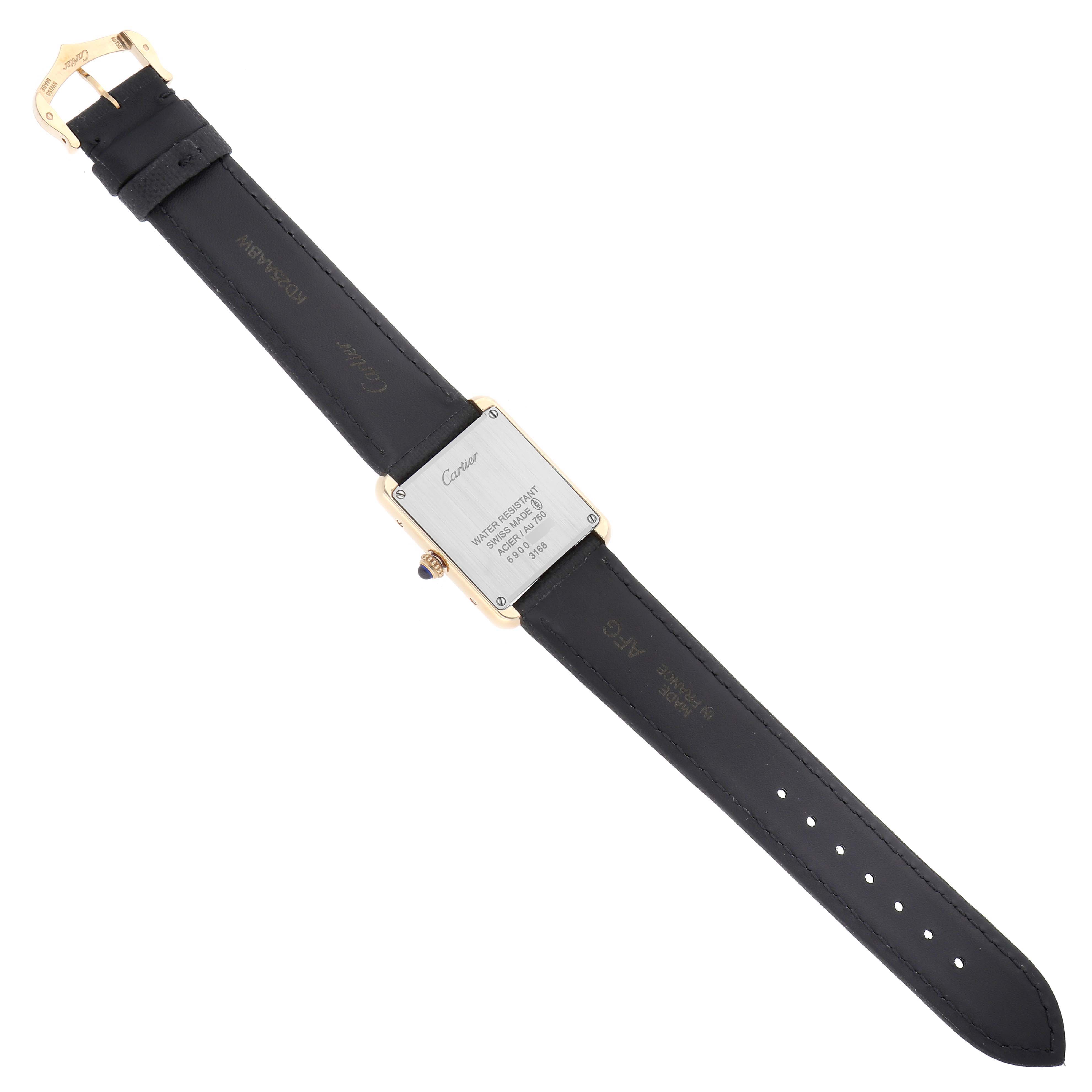 The image shows the back of the Cartier Tank Solo W5200002 Women
s Steel and Gold (two tone) Silver Dial watch, highlighting its strap and case back.