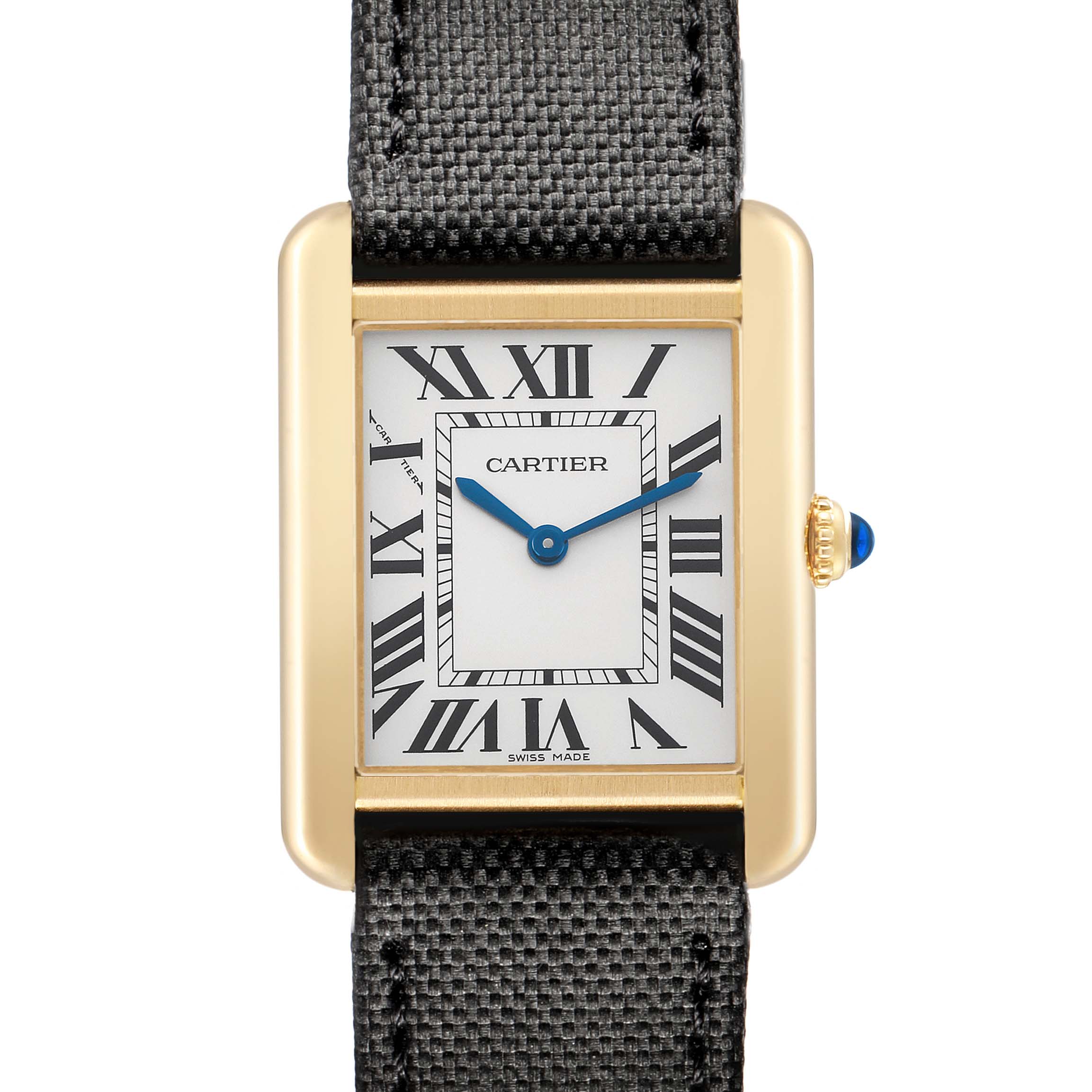 The image shows a frontal view of the Cartier Tank Solo W5200002 Women
s Steel and Gold (two tone) Silver Dial, highlighting its rectangular face, Roman numerals, and crown detail.