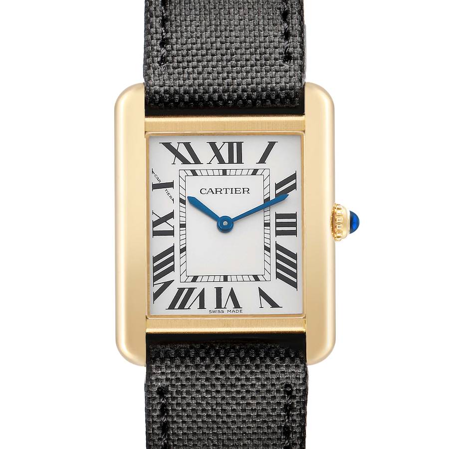 The image shows a frontal view of the Cartier Tank Solo W5200002 Women's Steel and Gold (two tone) Silver Dial, highlighting its rectangular face, Roman numerals, and crown detail.