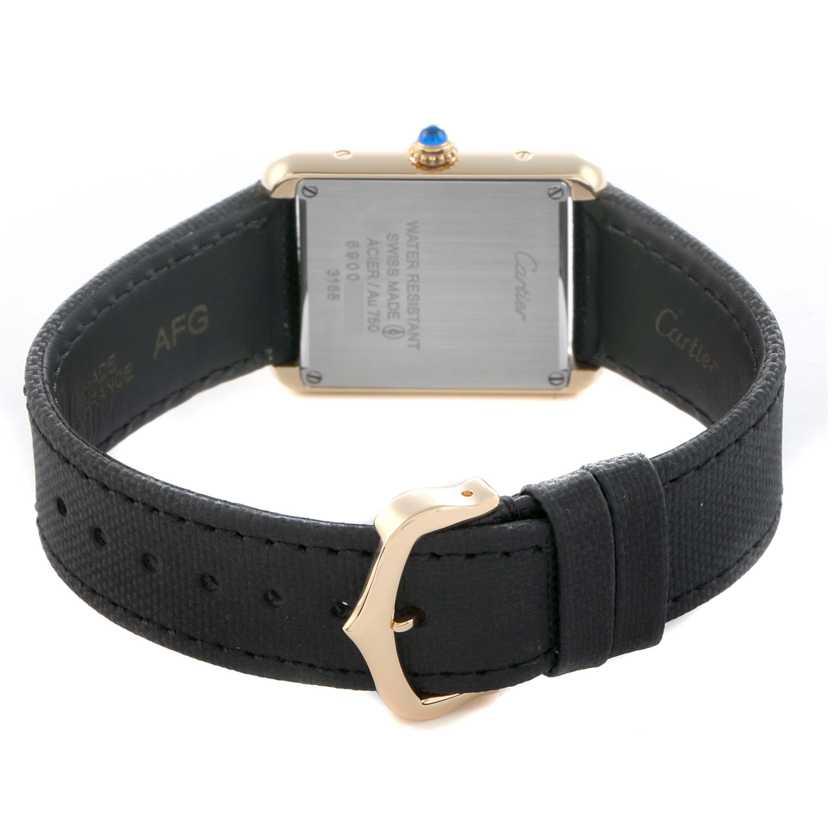 The Cartier Tank Solo W5200002 Women
s Steel and Gold (two tone) Silver Dial watch is shown from the back, highlighting the case, strap, and crown.