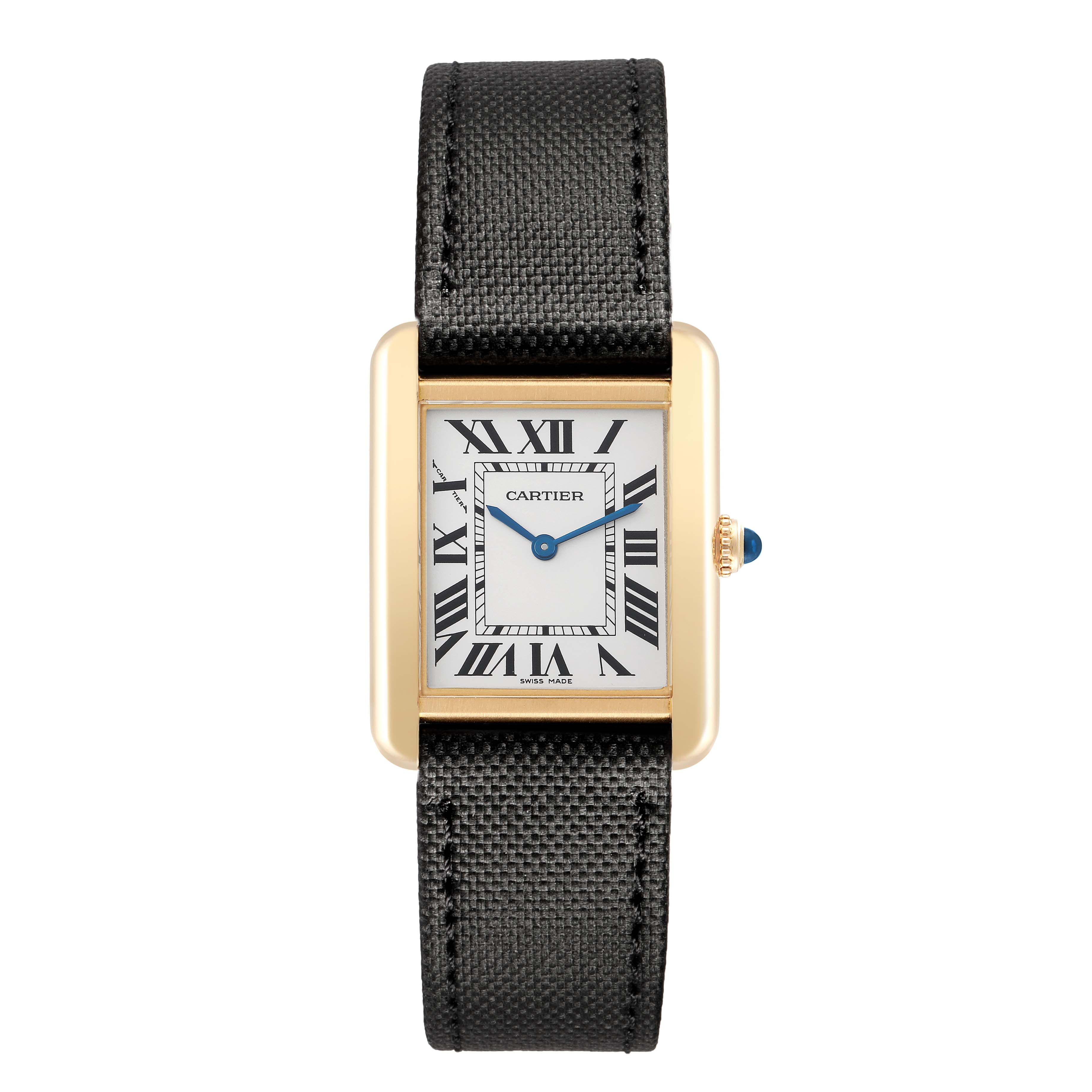 The Cartier Tank Solo W5200002 Women
s Steel and Gold (two tone) Silver Dial watch is shown from a front angle, displaying its face, strap, and crown.