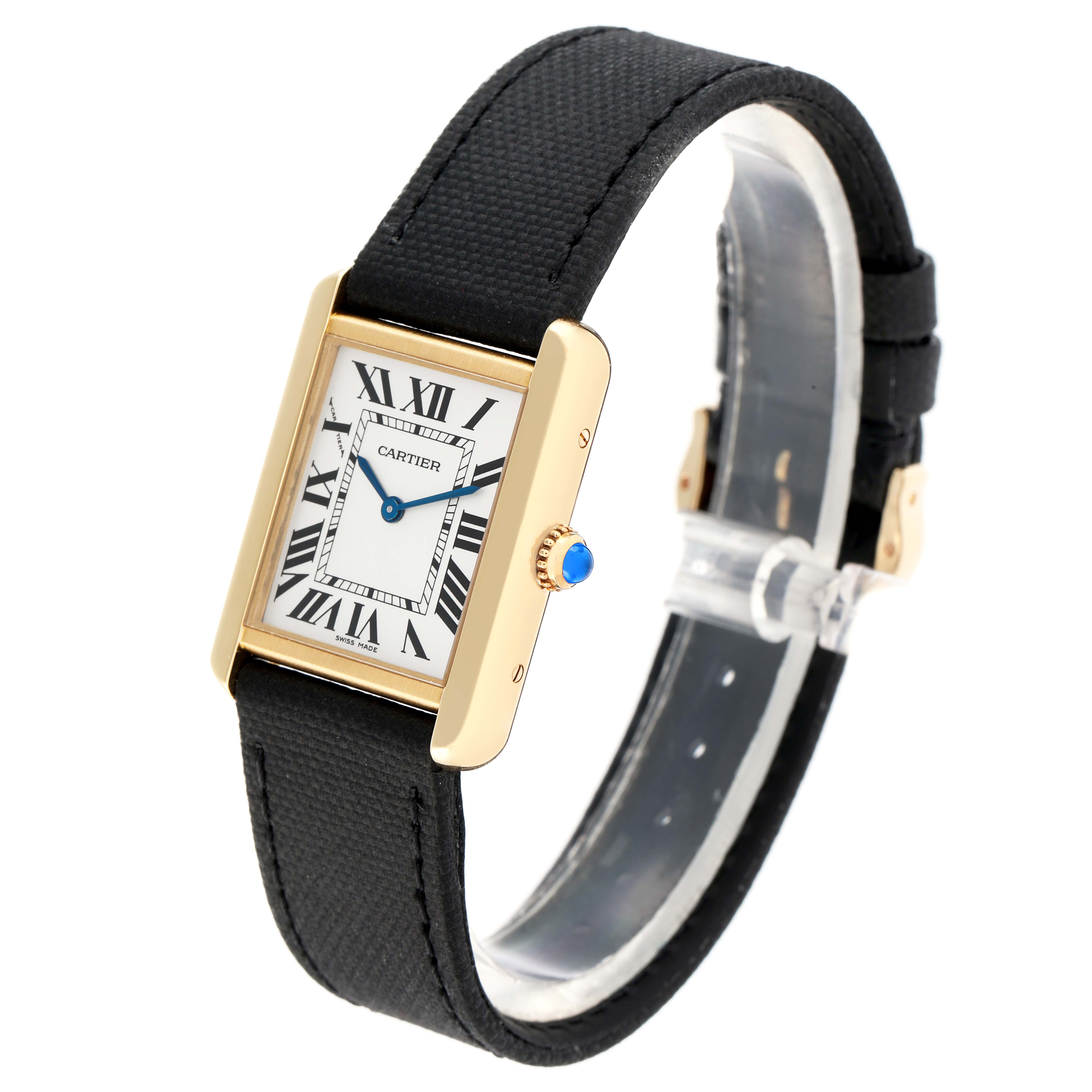 The Cartier Tank Solo W5200002 Women
s Steel and Gold (two tone) Silver Dial watch is shown from an angled perspective, displaying the face, case, strap, and crown.