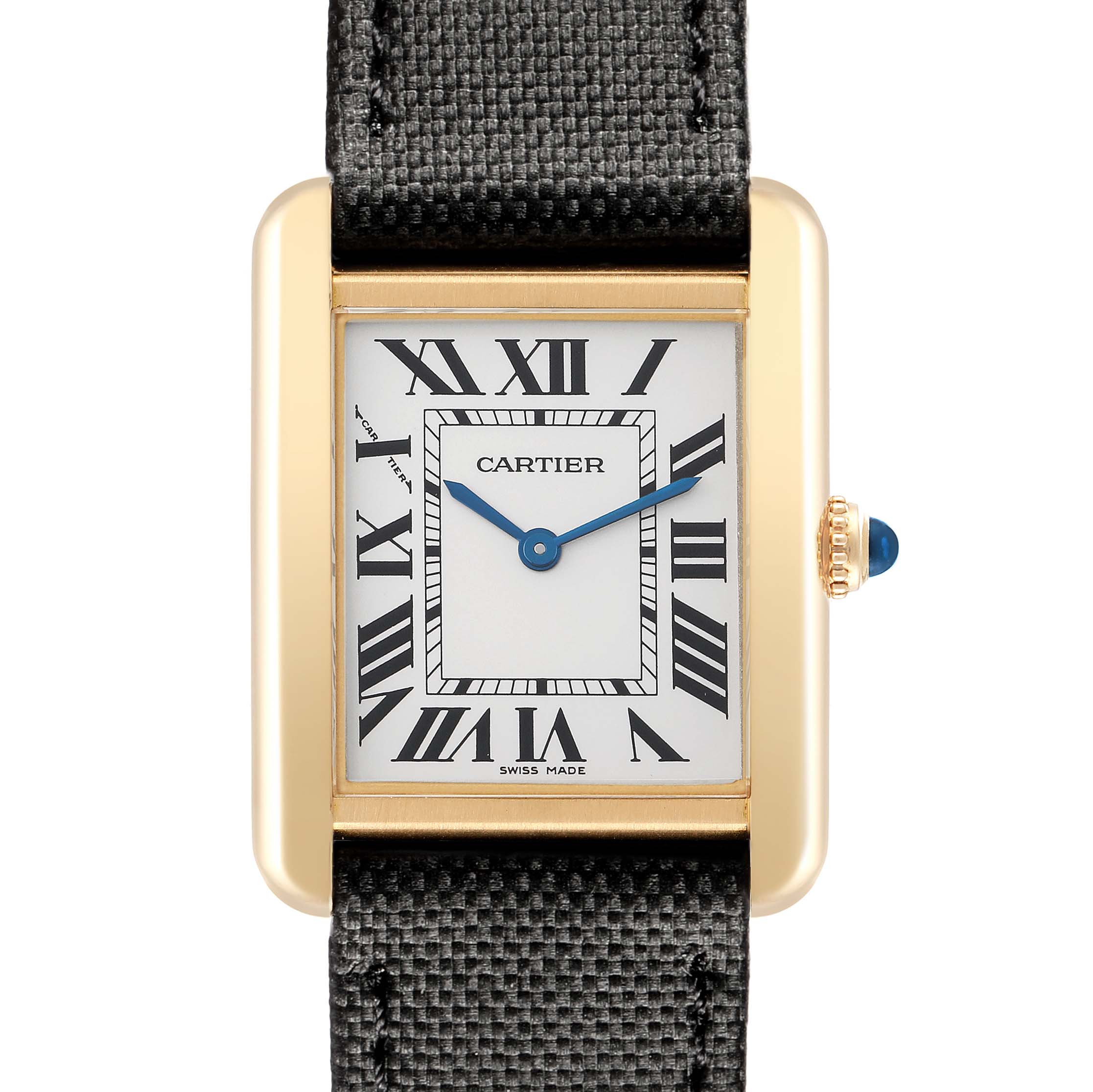 The Cartier Tank Solo W5200002 Women
s Steel and Gold (two tone) Silver Dial watch is shown from the front, displaying its rectangular face, Roman numerals, and crown with a blue gem.