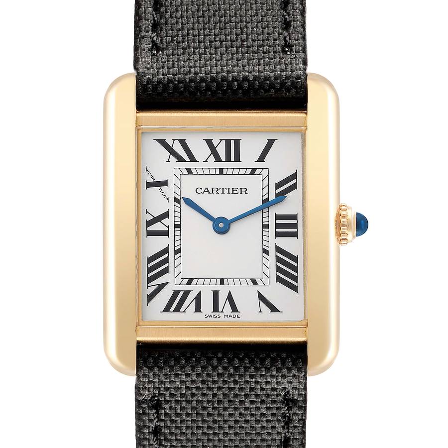 The Cartier Tank Solo W5200002 Women's Steel and Gold (two tone) Silver Dial watch is shown from the front, displaying its rectangular face, Roman numerals, and crown with a blue gem.