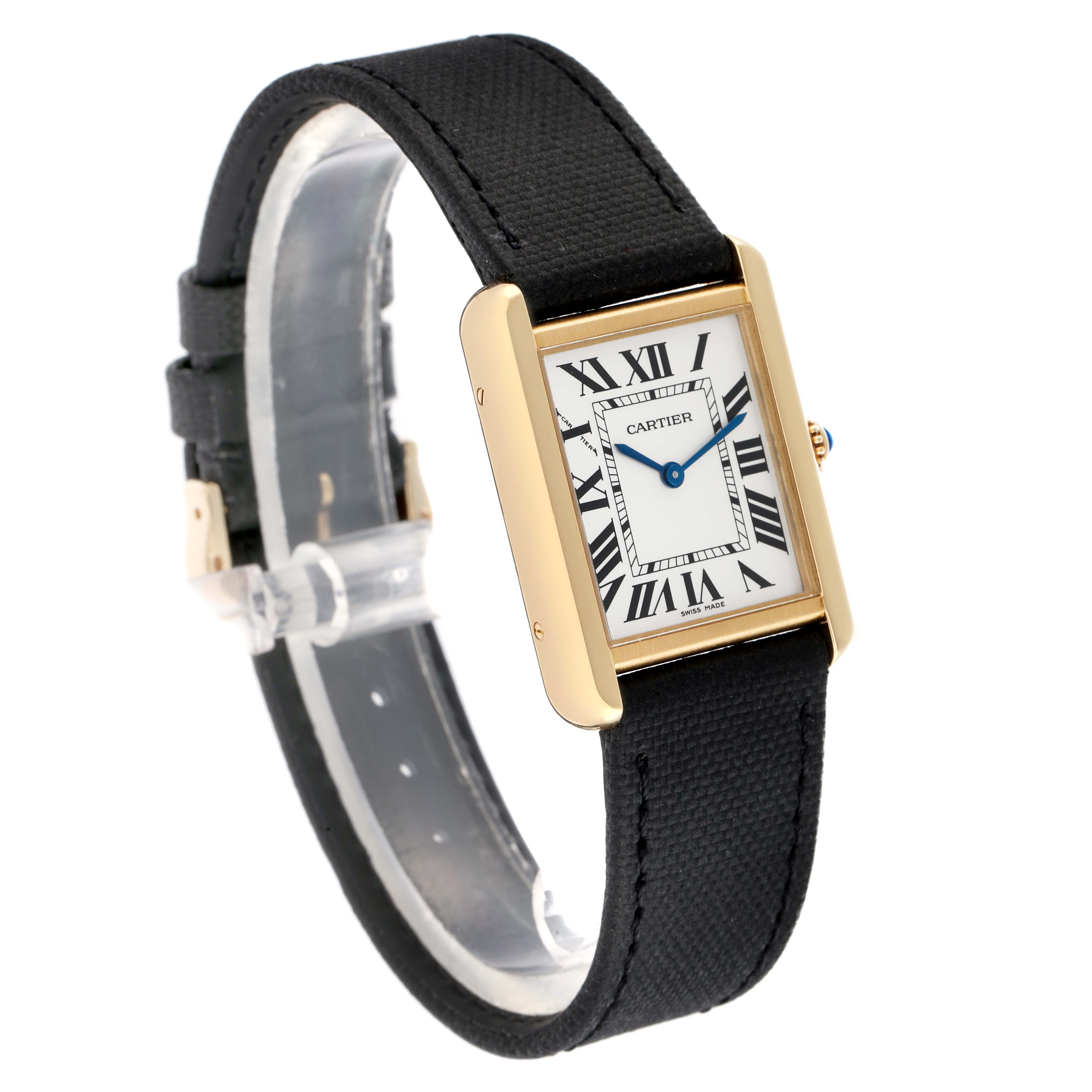 The Cartier Tank Solo W5200002 Women
s Steel and Gold (two tone) Silver Dial watch is shown at an angled view displaying the face, bezel, strap, and crown.