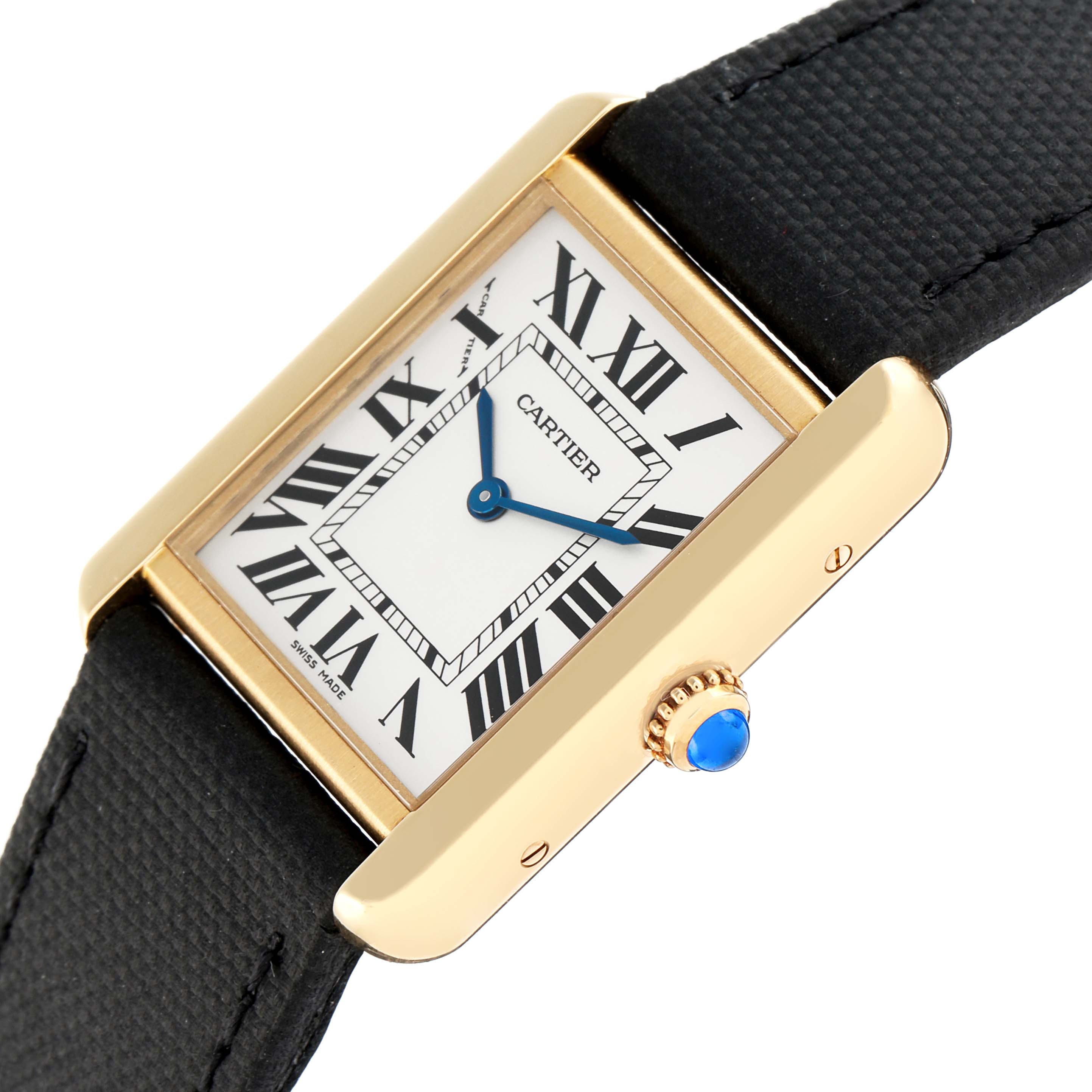 The Cartier Tank Solo W5200002 Women
s Steel and Gold (two tone) Silver Dial watch is shown from an angled close-up, highlighting the face, Roman numerals, and gold case with a blue cabochon crown.
