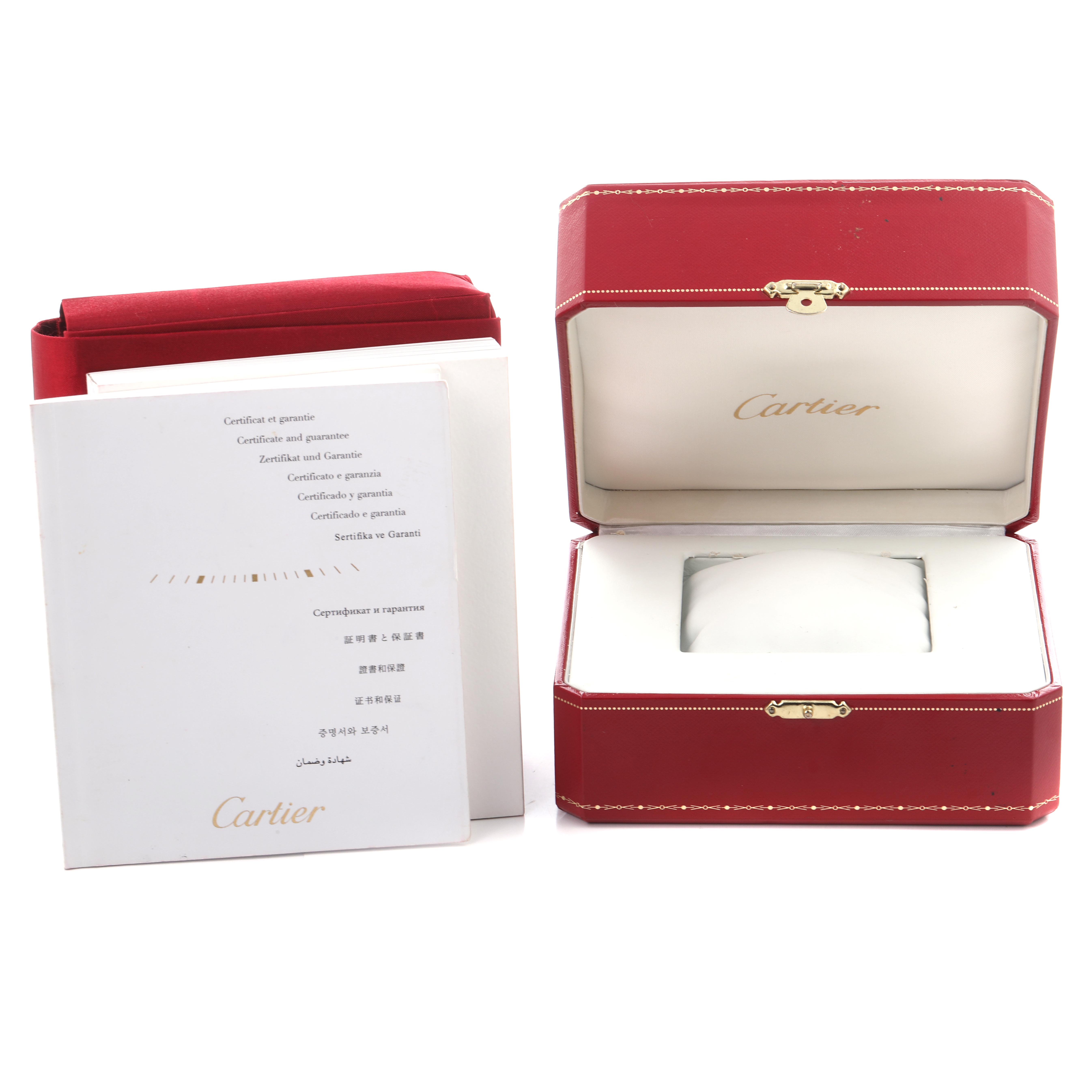 The image shows a Cartier Tortue WA501006 Women
s Rose Gold Silver Dial WA501006 Women
s Rose Gold Silver Dial watch box, warranty certificates, and packaging viewed from the front.