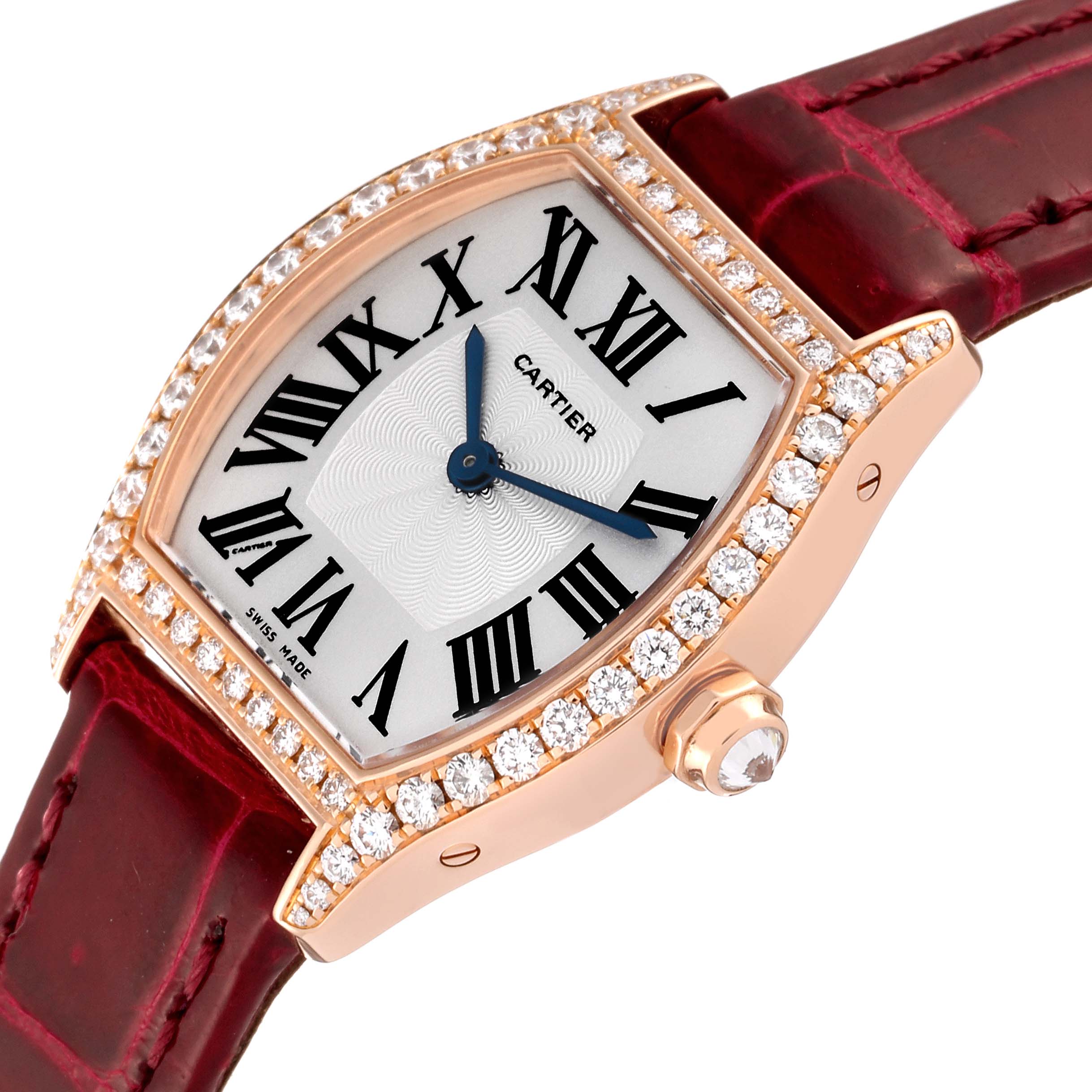 The image shows a close-up of the Cartier Tortue WA501006 Women
s Rose Gold Silver Dial WA501006 Women
s Rose Gold Silver Dial watch at an oblique angle, highlighting the face, crown, and part of the strap.