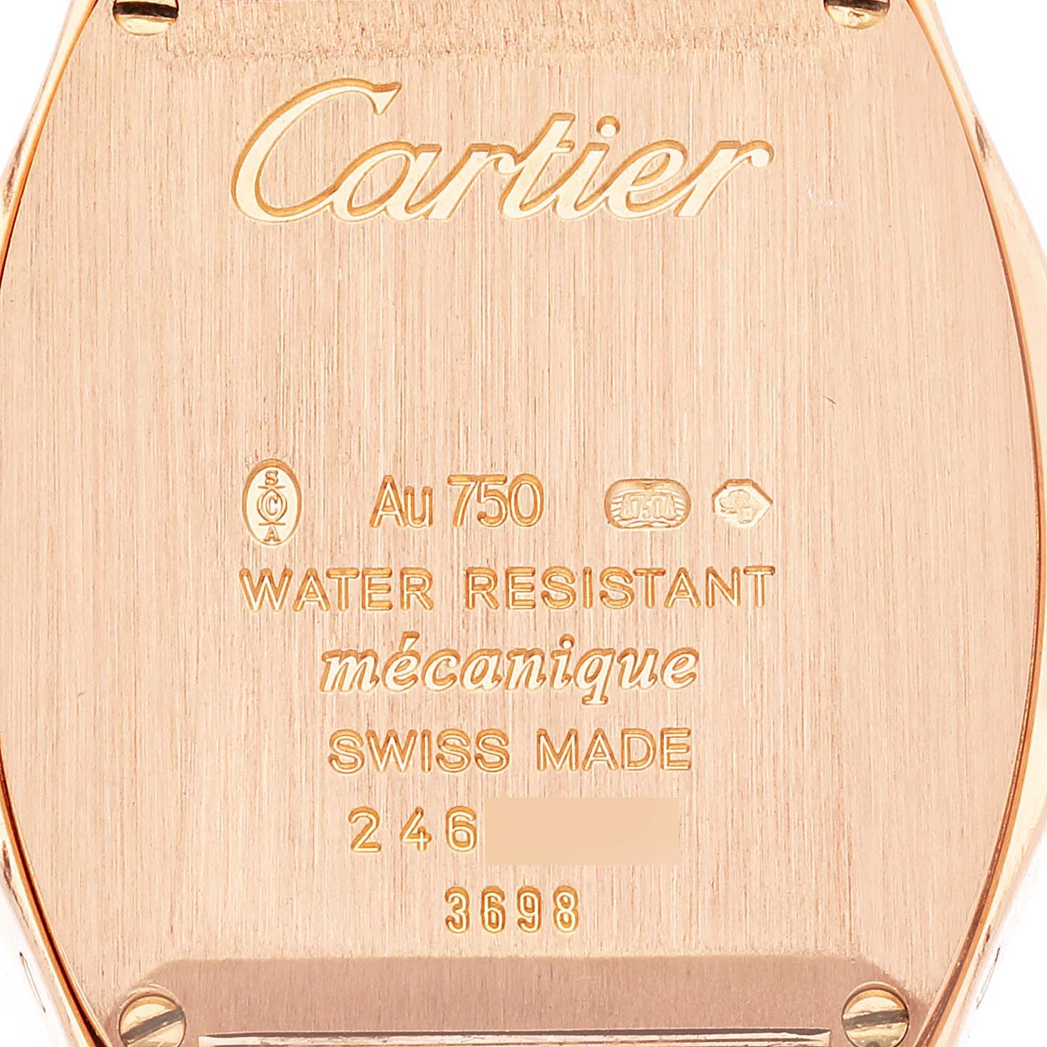 This image shows the case back of a Cartier Tortue WA501006 Women
s Rose Gold Silver Dial WA501006 Women
s Rose Gold Silver Dial watch, including branding and specifications.