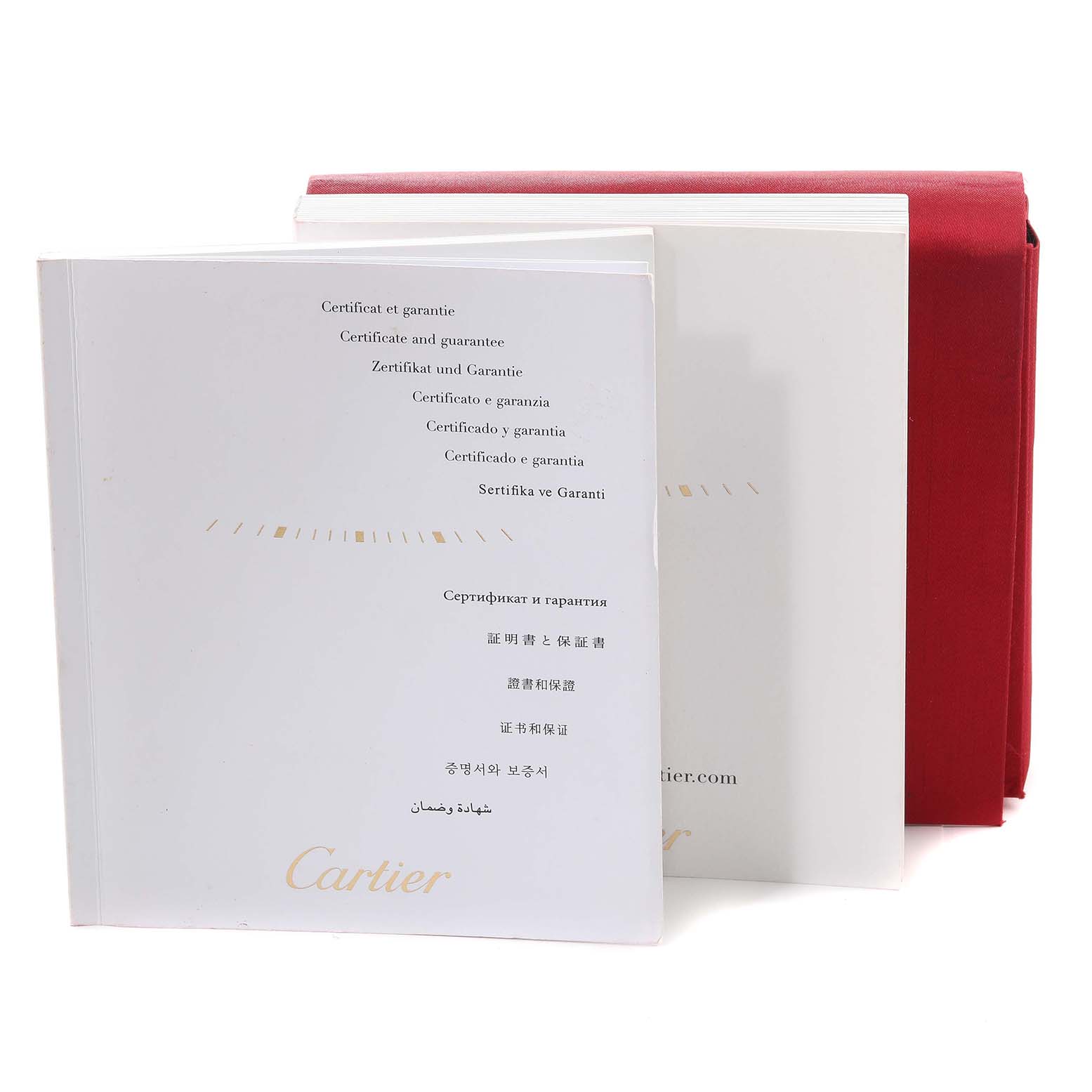 This image shows the certificate and guarantee booklet along with the red case for the Cartier Tortue WA501006 Women
s Rose Gold Silver Dial WA501006 Women
s Rose Gold Silver Dial model watch.