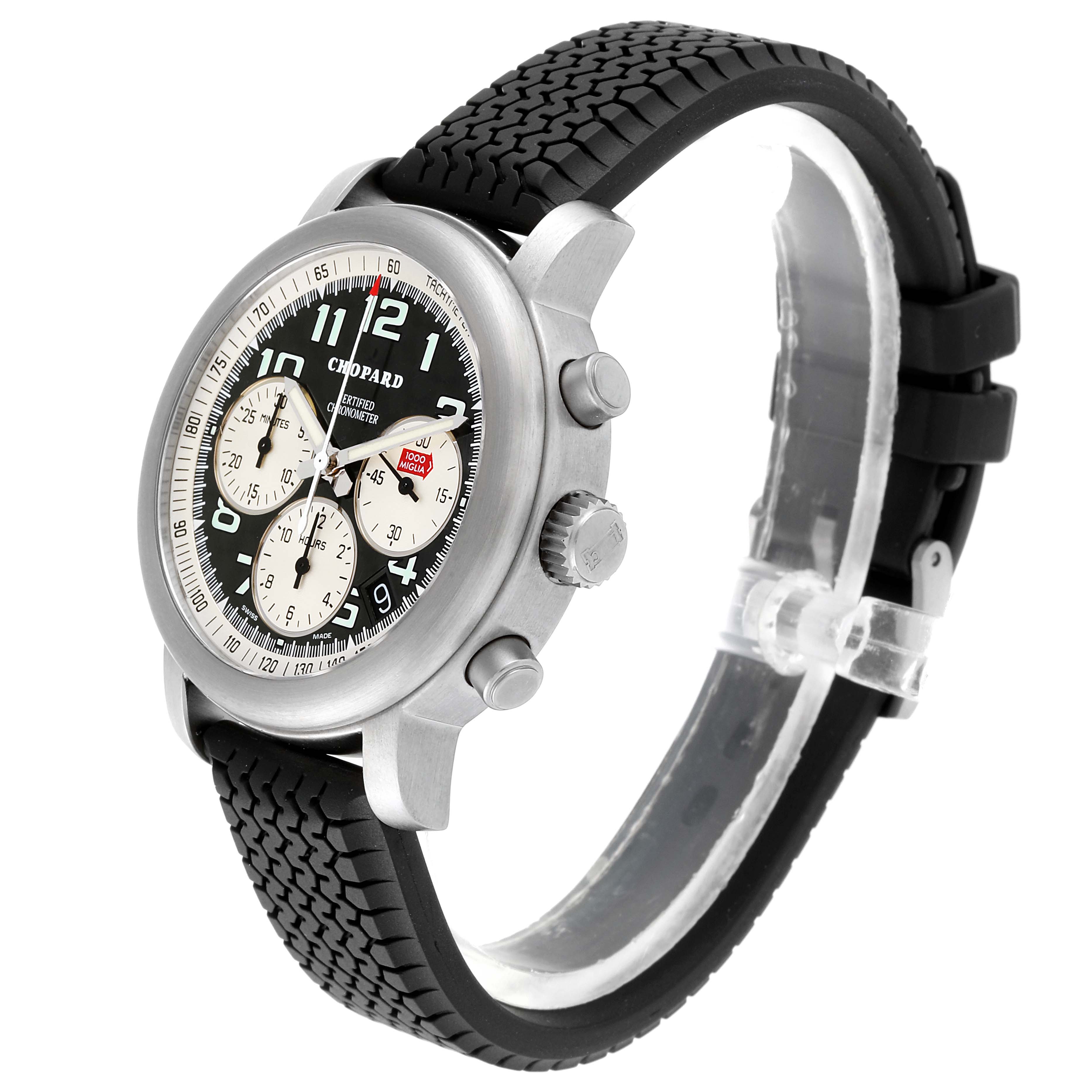 The Chopard Mille Miglia 8407 Men's Titanium Black Dial 8407 Men's Titanium Black Dial watch is shown from a side angle, displaying its face, chronograph buttons, crown, and rubber strap.