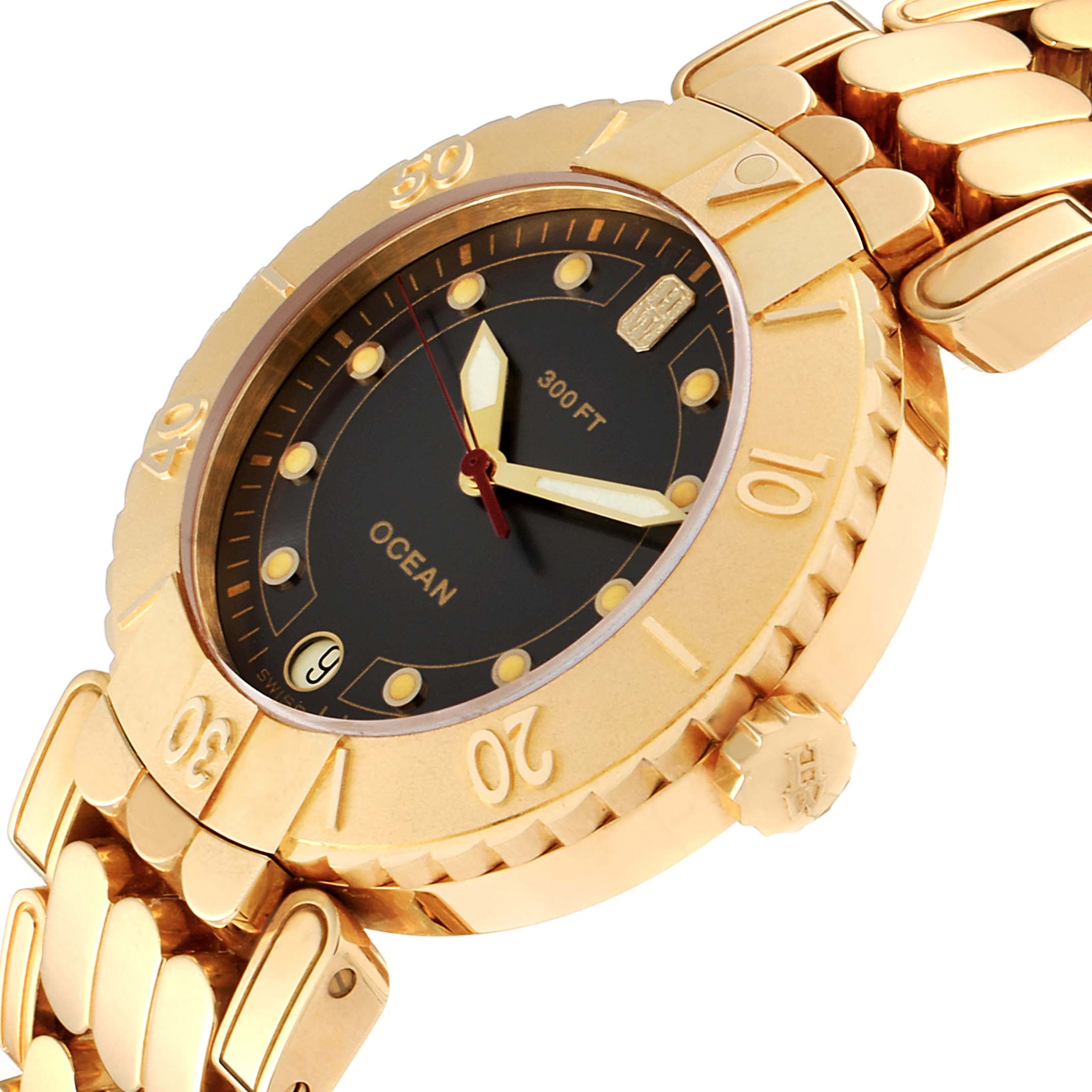 The image shows an angled view of the Harry Winston N114-AD Men's Yellow Gold Grey Dial N114-AD Men's Yellow Gold Grey Dial Submariner Ocean 38mm 18K Yellow Gold Men's Watch, highlighting its face, bezel, and part of the bracelet.