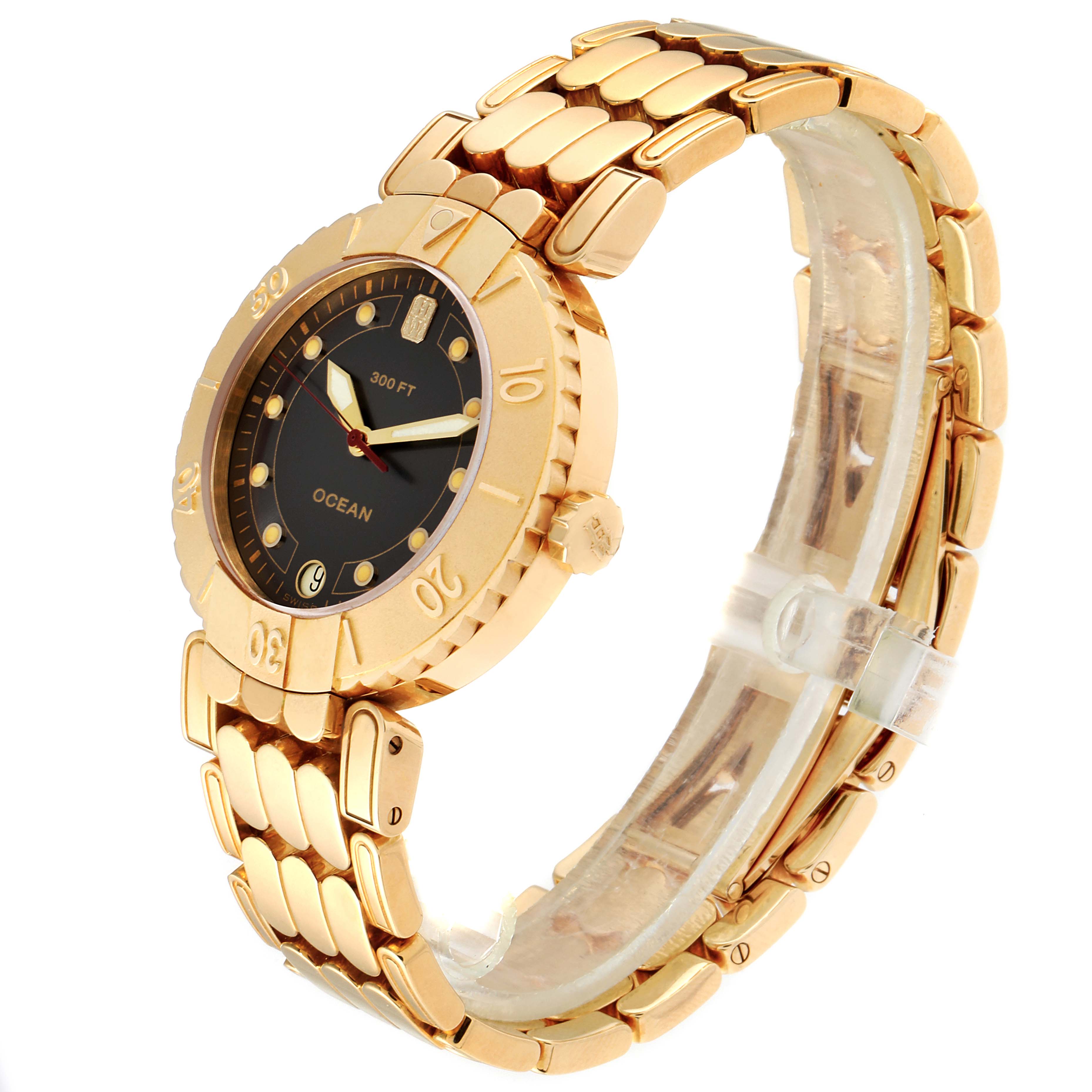 The image shows a Harry Winston N114-AD Men's Yellow Gold Grey Dial N114-AD Men's Yellow Gold Grey Dial Submariner Ocean 38mm 18K Yellow Gold Men's Watch from an angled side view, highlighting its bezel, dial, and bracelet.