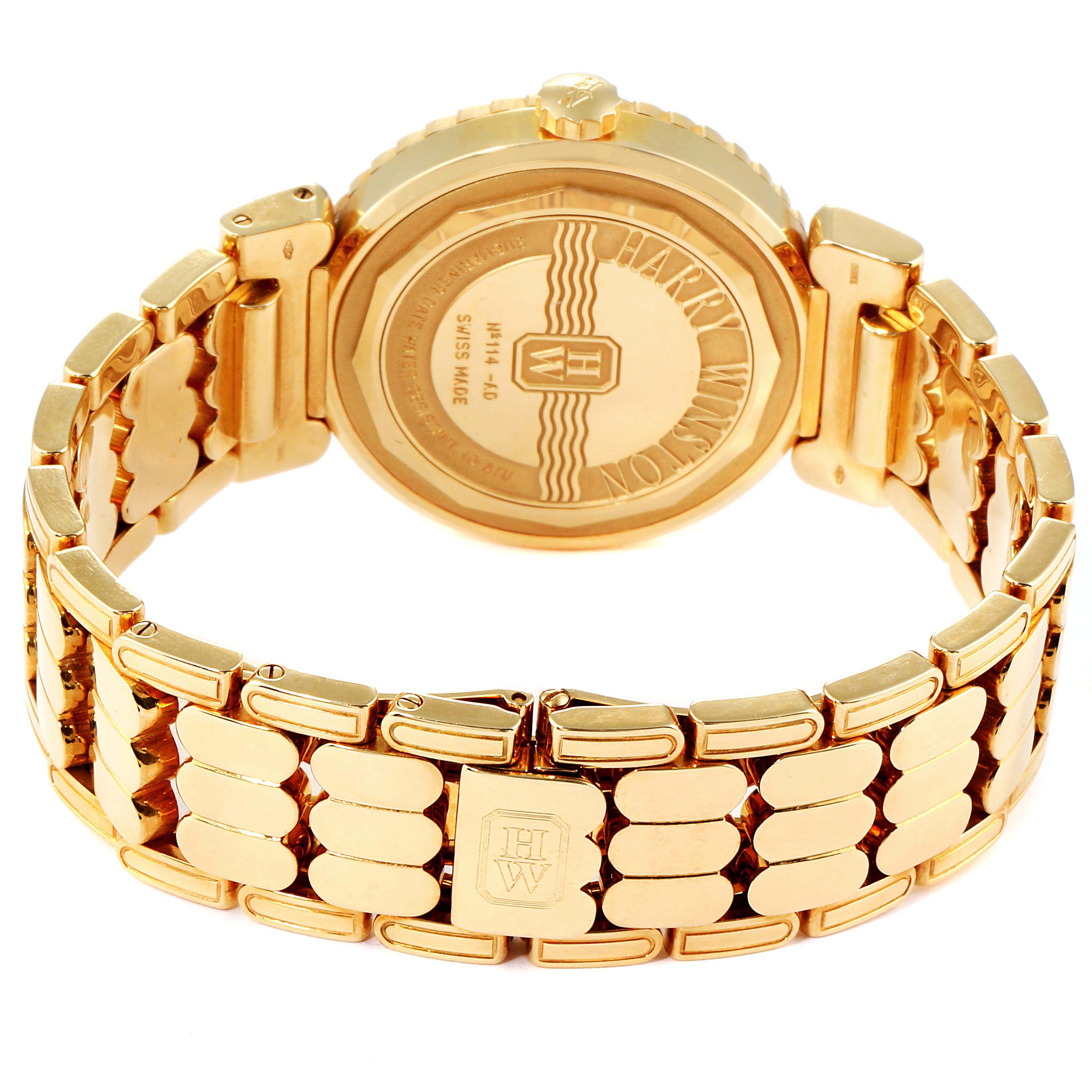 This image shows the back and bracelet of a Harry Winston N114-AD Men's Yellow Gold Grey Dial N114-AD Men's Yellow Gold Grey Dial Submariner Ocean 38mm 18K Yellow Gold Mens Watch.