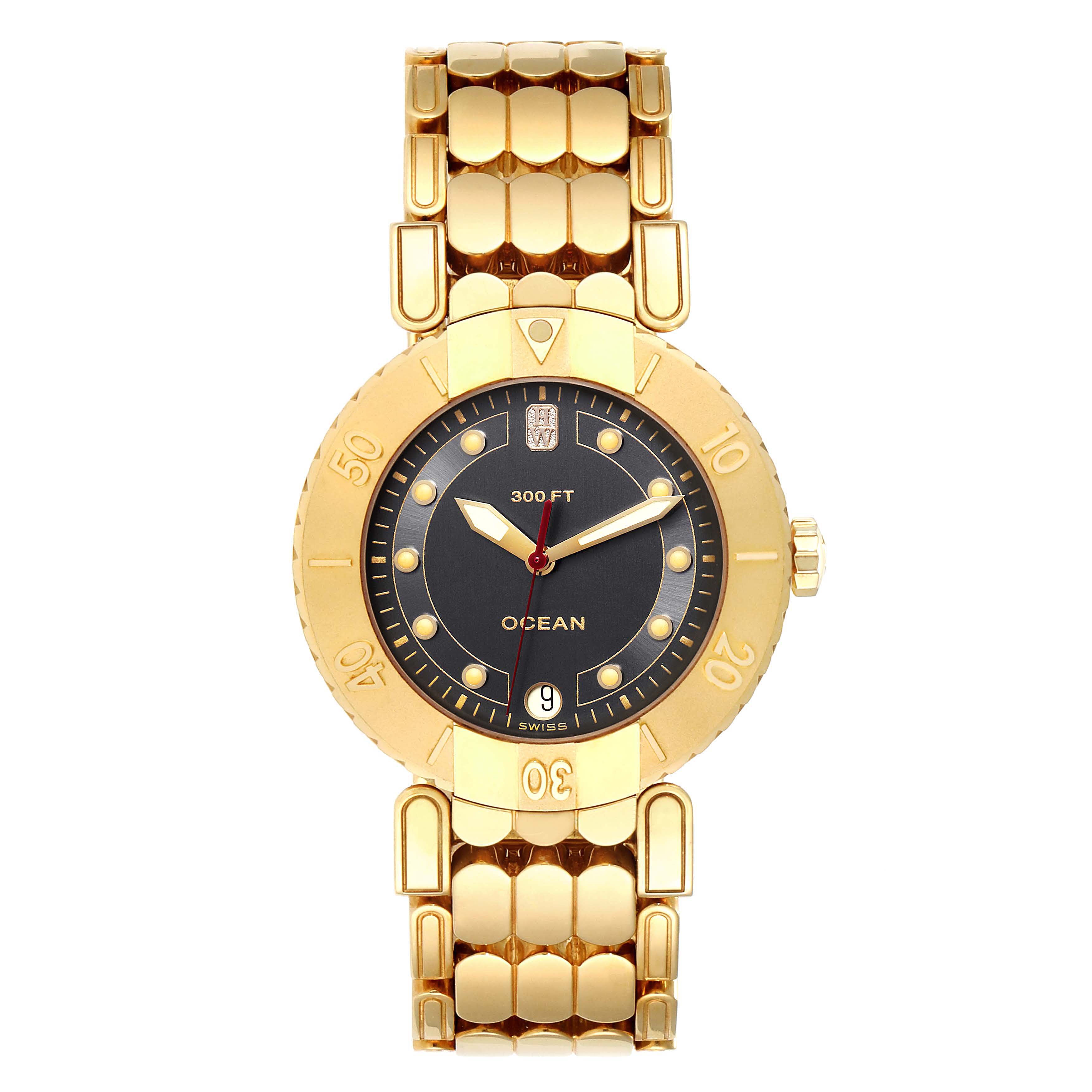 The image shows a front view of the Harry Winston N114-AD Men's Yellow Gold Grey Dial N114-AD Men's Yellow Gold Grey Dial Submariner Ocean 38mm 18K Yellow Gold Men's Watch, highlighting the dial, bezel, and bracelet.