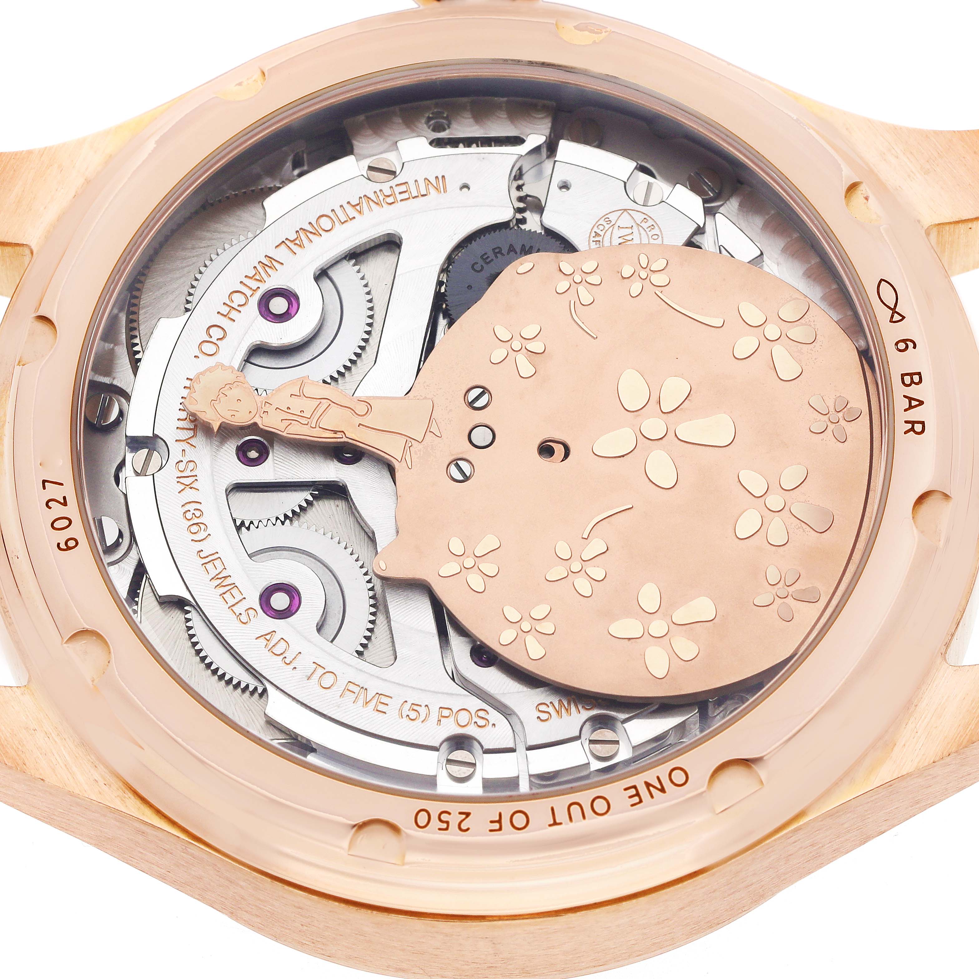 The image shows the back of an IWC Pilot IW502701 Men
s Rose Gold Blue Dial watch, highlighting its intricate movement and detailed rotor.