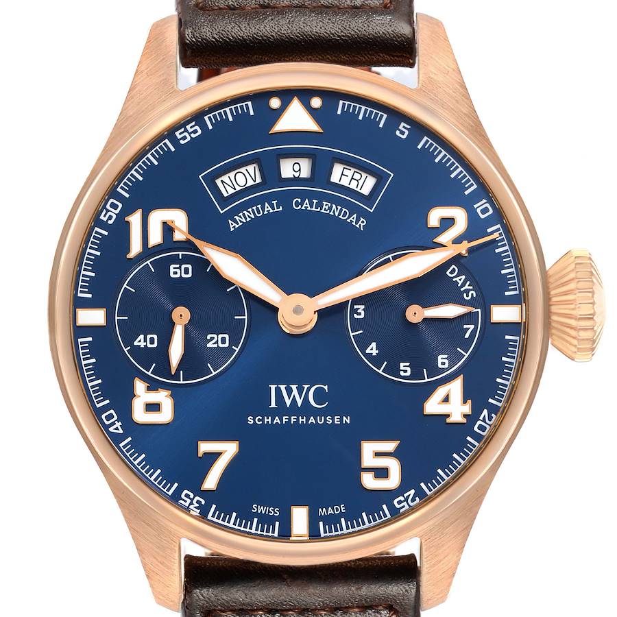 The image shows a front view of an IWC Pilot IW502701 Men's Rose Gold Blue Dial watch, highlighting the annual calendar, subdials, and crown.