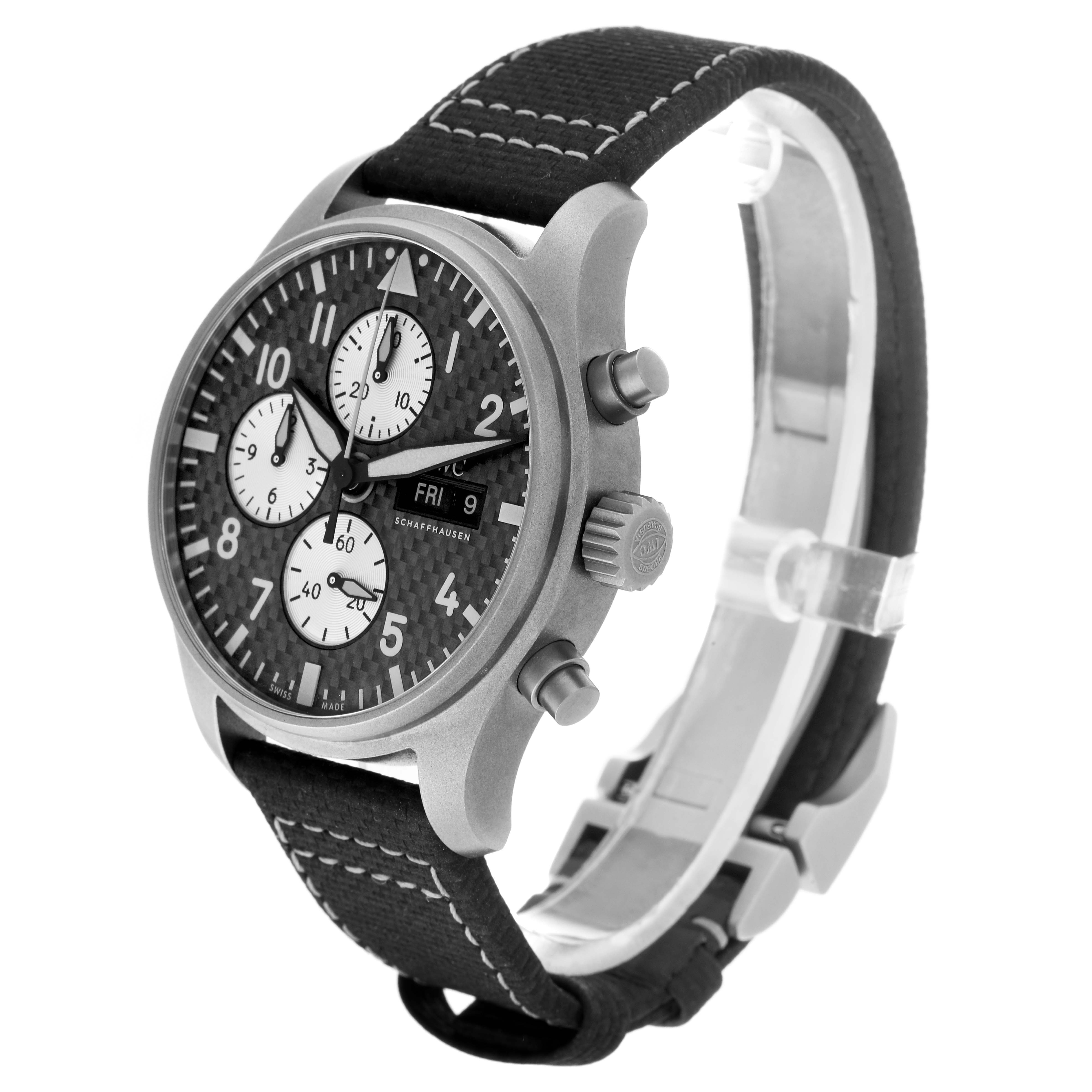 The IWC Pilot IW377903 Men
s Titanium Grey Dial IW377903 Men
s Titanium Grey Dial watch is shown at a three-quarter view highlighting the face, crown, pushers, and partially the strap.