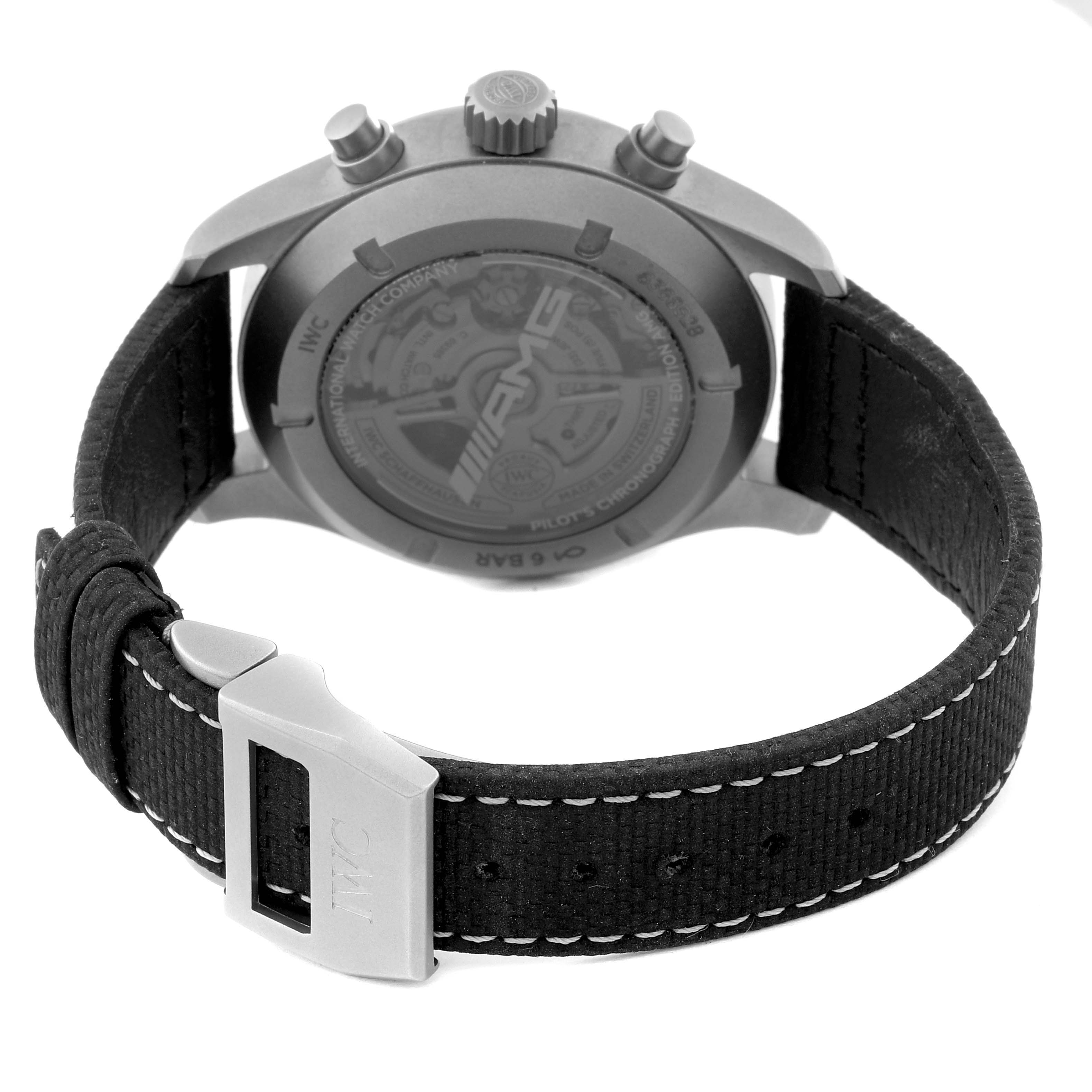 This image shows the back case, crown, and strap of an IWC Pilot IW377903 Men
s Titanium Grey Dial IW377903 Men
s Titanium Grey Dial model watch.