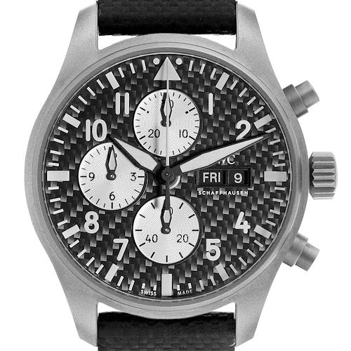 The image shows a front view of the IWC Pilot model watch face, including the dial, sub-dials, hands, and crown.