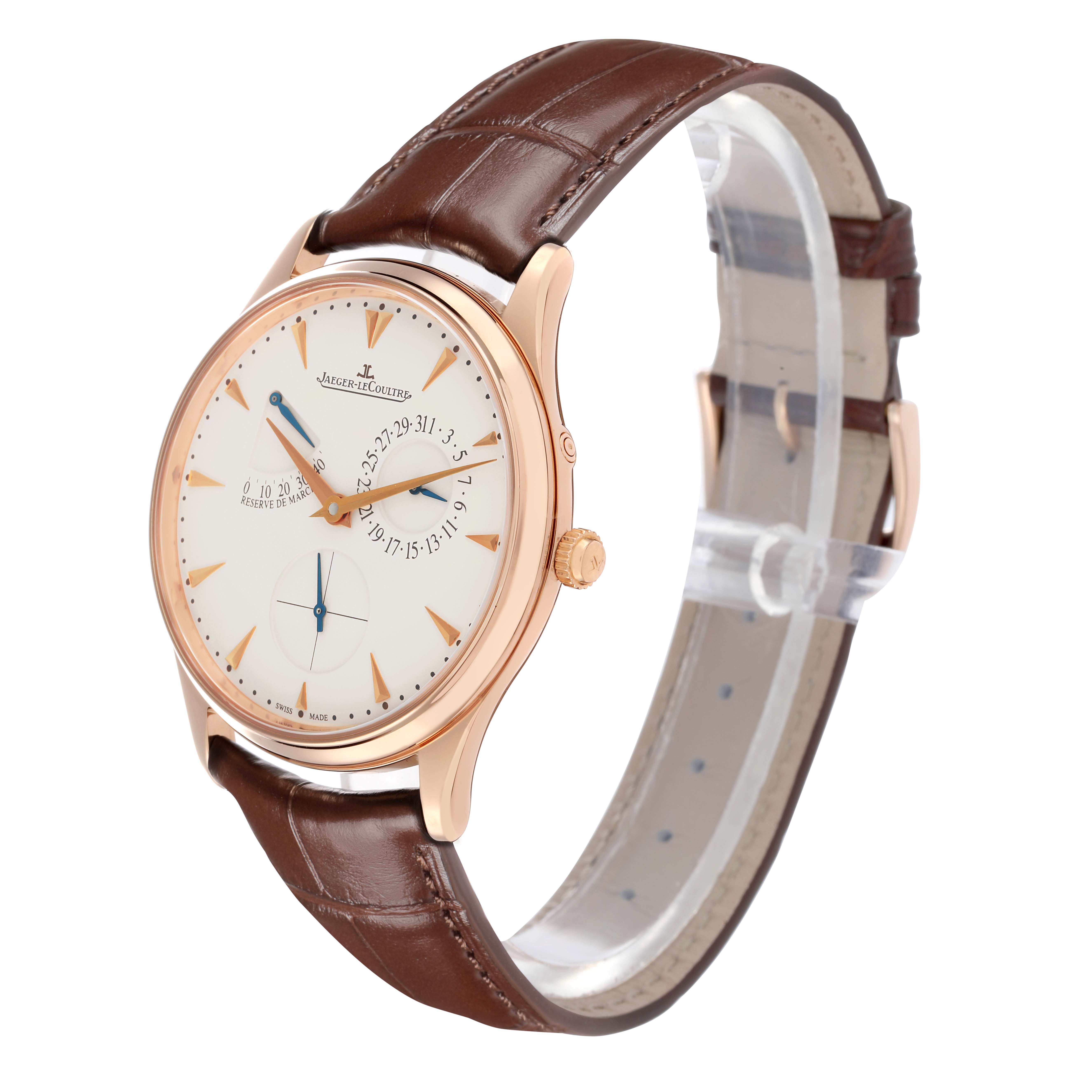 The Jaeger LeCoultre Master Q1372520 Men
s Rose Gold Beige Dial watch is shown at an oblique angle, displaying the face, crown, and leather strap.